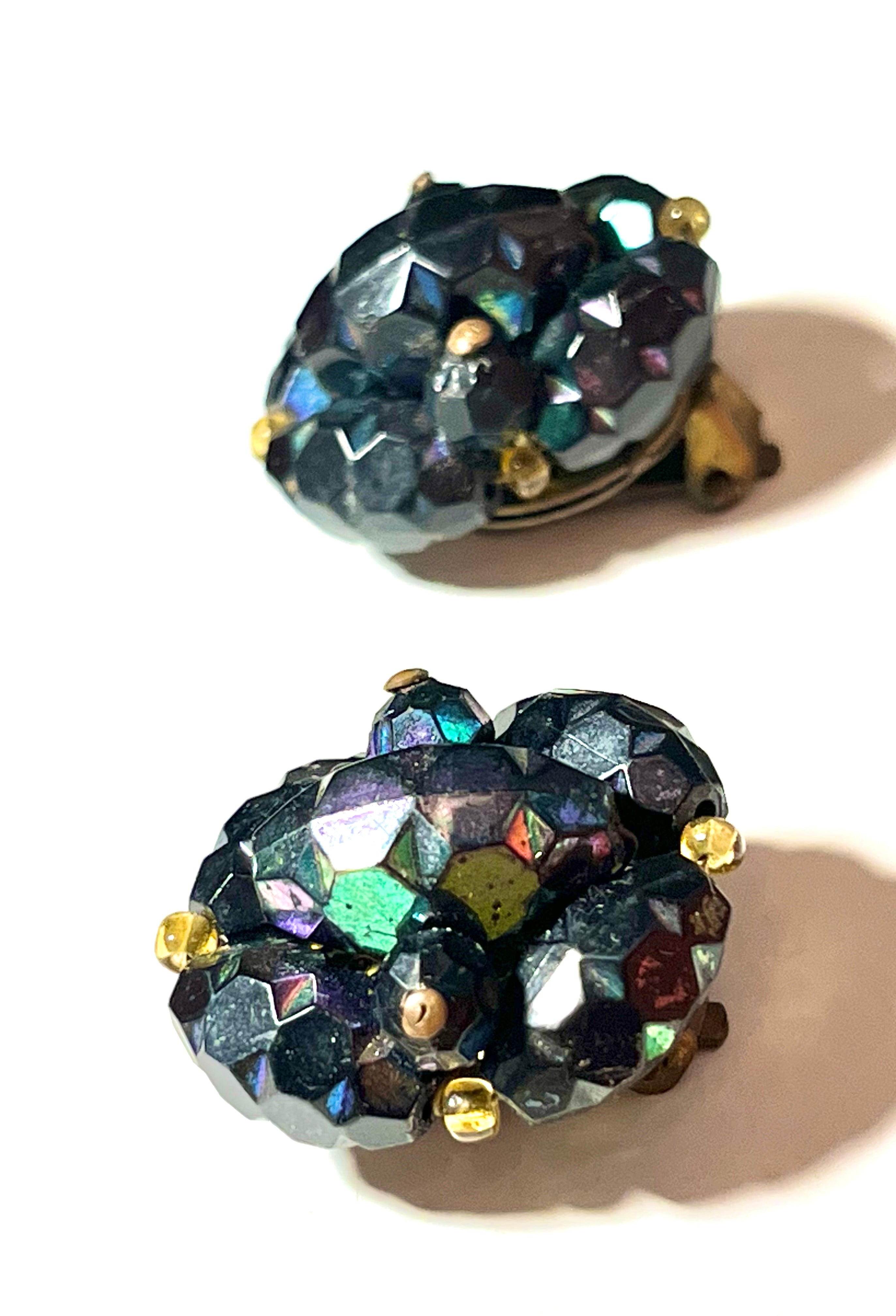 Vintage Austria Aurora Borealis Crystal Clip-On Earrings | Faceted Glass Bead Cluster | 1950s 1960s