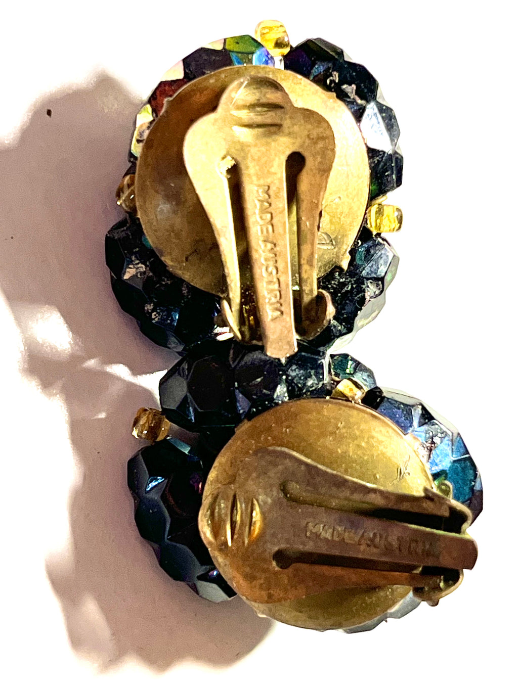 Vintage Austria Aurora Borealis Crystal Clip-On Earrings | Faceted Glass Bead Cluster | 1950s 1960s