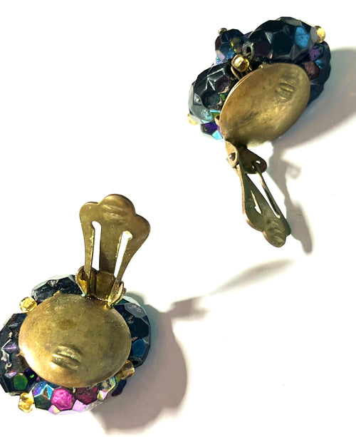 Vintage Austria Aurora Borealis Crystal Clip-On Earrings | Faceted Glass Bead Cluster | 1950s 1960s