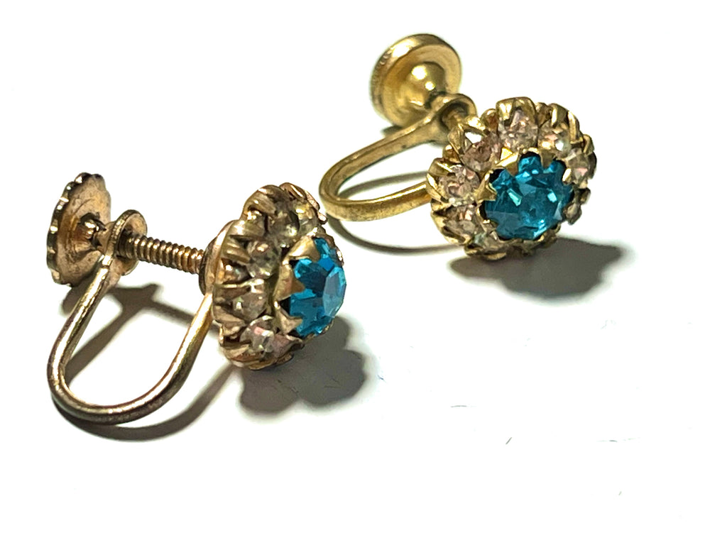 Vintage Blue Rhinestone Screw Back Earrings Gold Tone Floral Cluster Mid Century