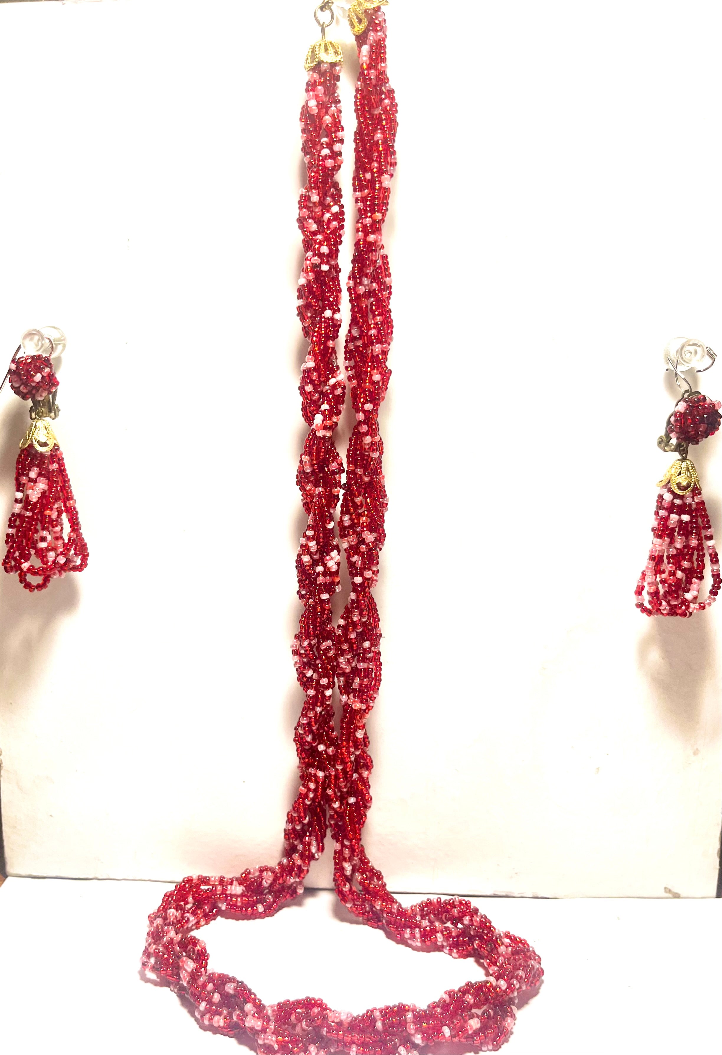 Vintage Red & Pink Beaded Necklace & Earrings Set – 14K Gold Clasp, Japan Clip-Ons