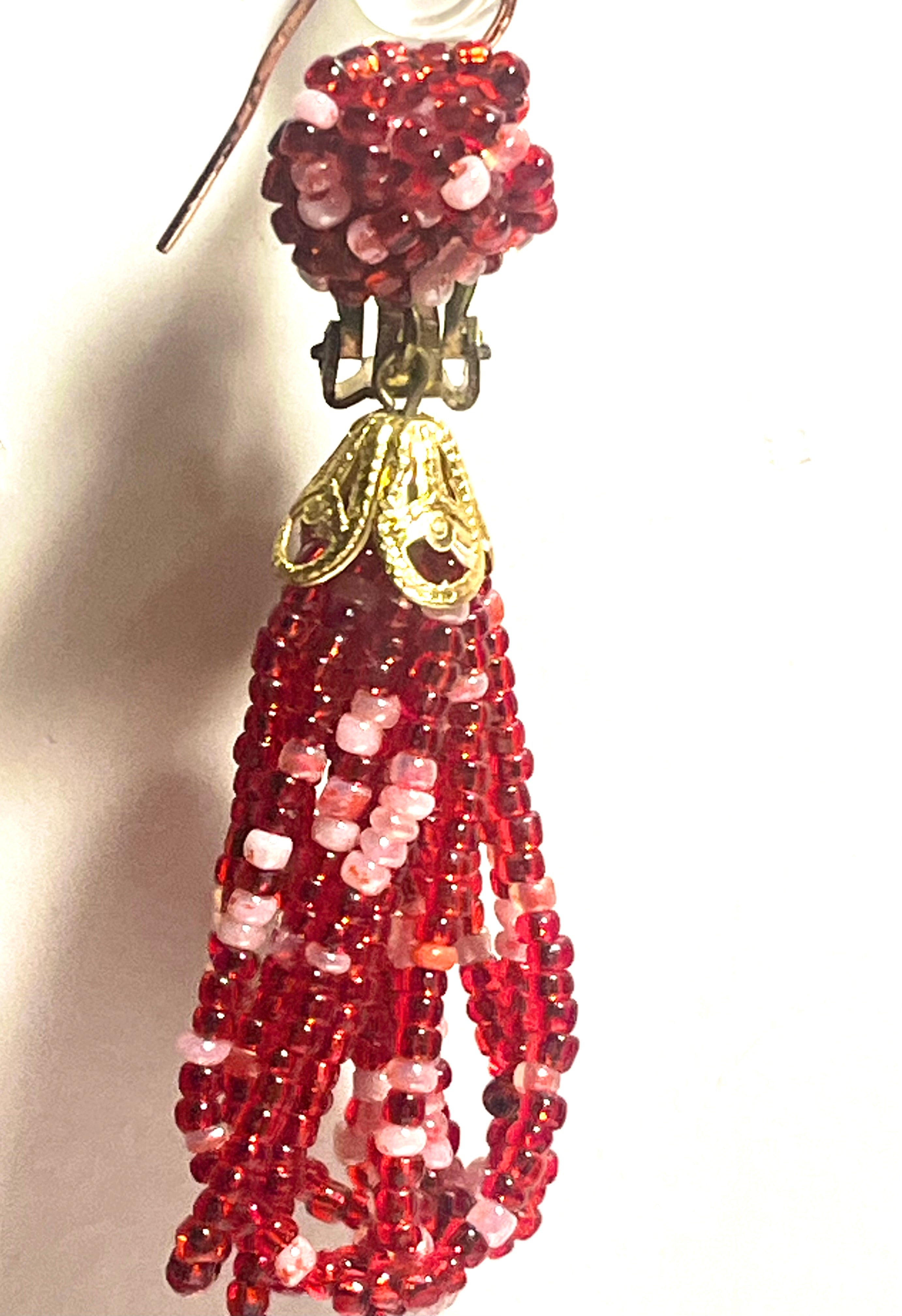 Vintage Red & Pink Beaded Necklace & Earrings Set – 14K Gold Clasp, Japan Clip-Ons