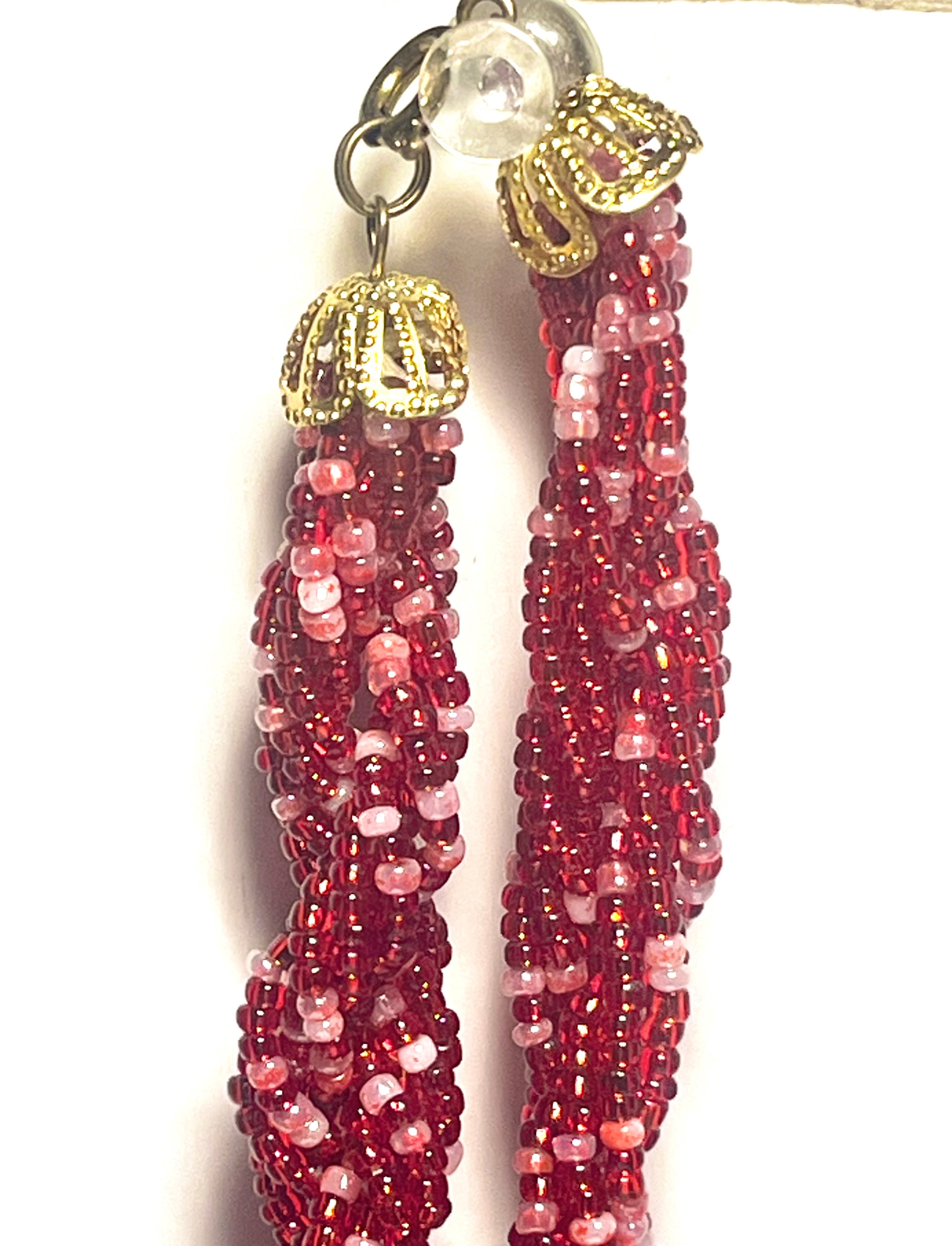 Vintage Red & Pink Beaded Necklace & Earrings Set – 14K Gold Clasp, Japan Clip-Ons