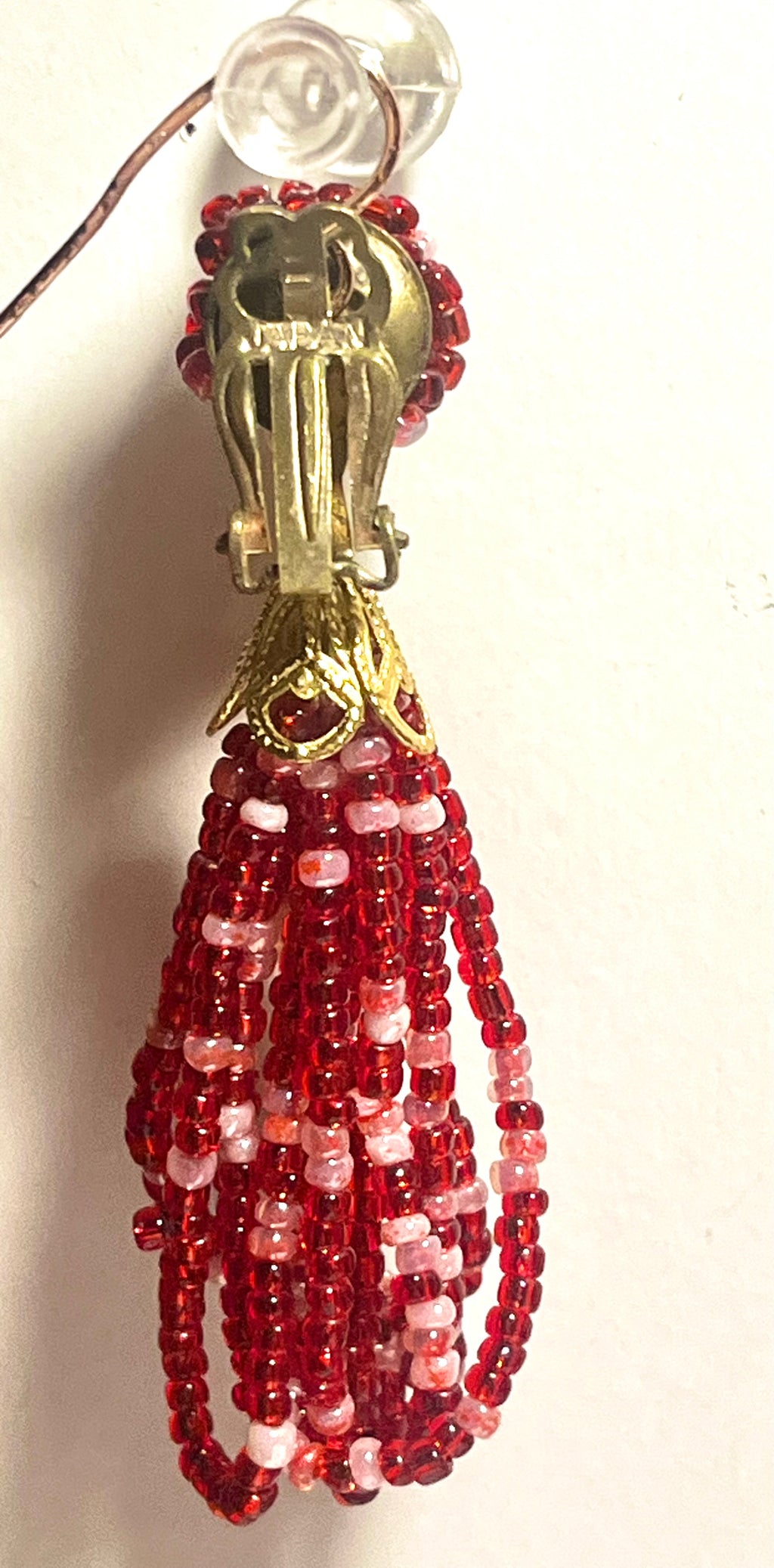 Vintage Red & Pink Beaded Necklace & Earrings Set – 14K Gold Clasp, Japan Clip-Ons