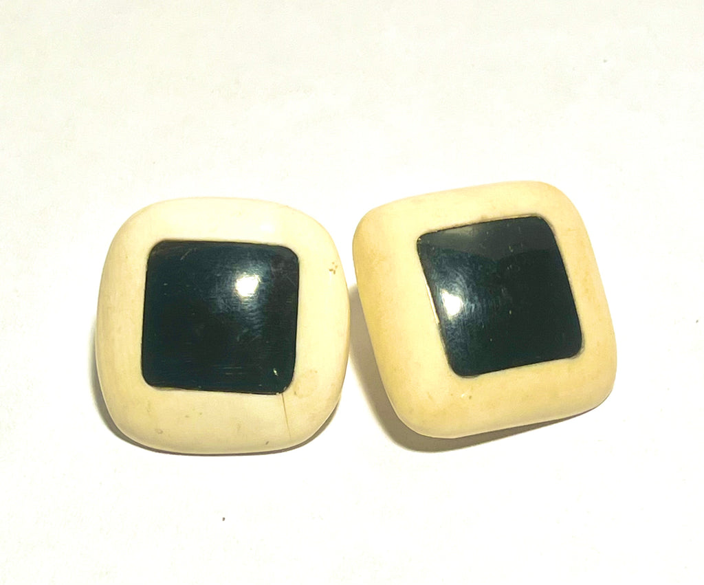 Vintage Clip-On Earrings – Cream & Black Geometric Design