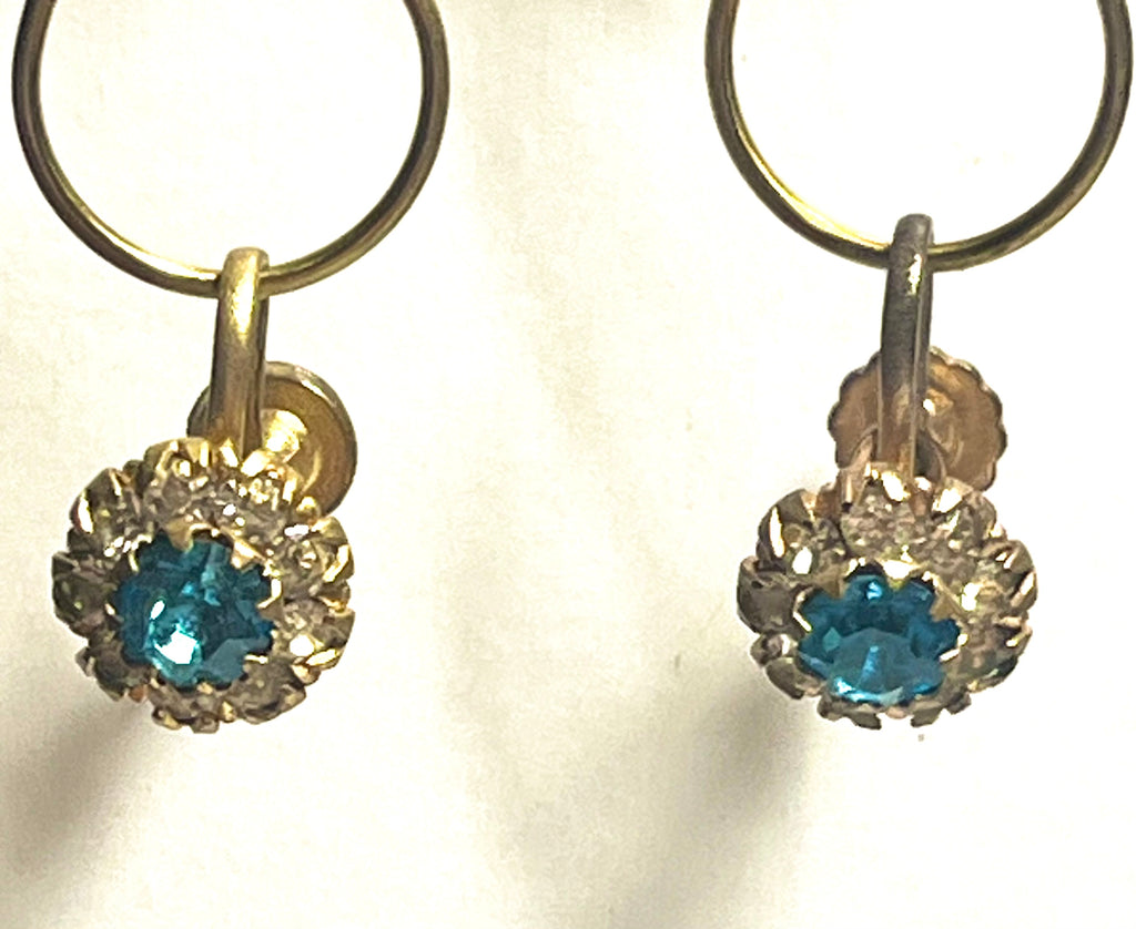 Vintage Blue Rhinestone Screw Back Earrings Gold Tone Floral Cluster Mid Century