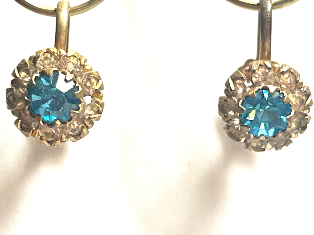 Vintage Blue Rhinestone Screw Back Earrings Gold Tone Floral Cluster Mid Century