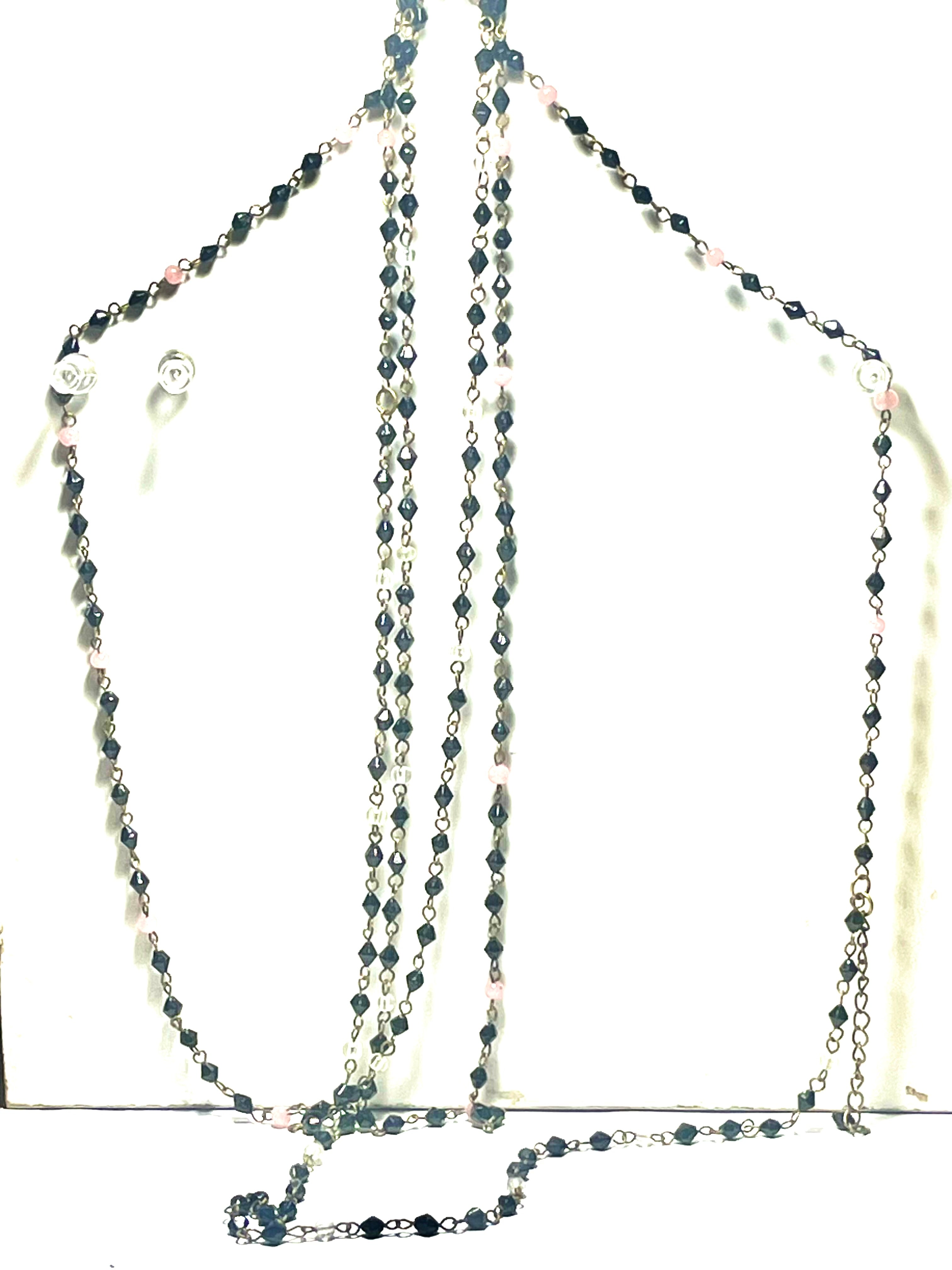 Long Black Glass Bead Necklace Pink Accent Beads Boho Chain Statement Jewelry