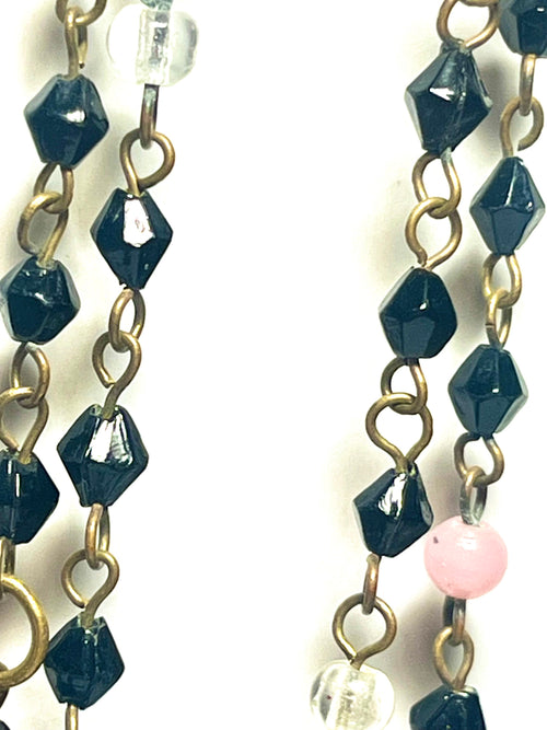 Long Black Glass Bead Necklace Pink Accent Beads Boho Chain Statement Jewelry