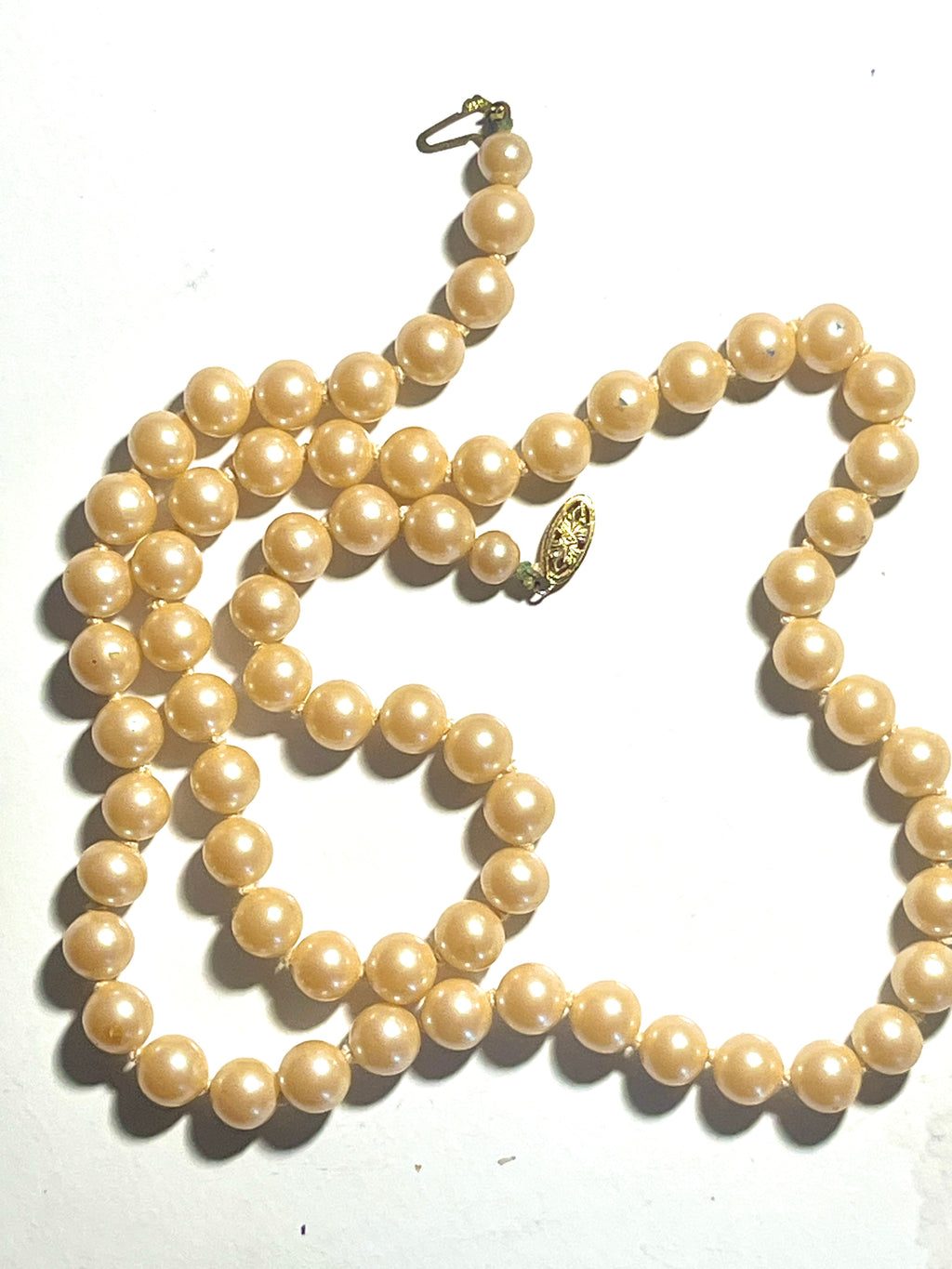 Vintage Faux Pearl Necklace 14K Gold Clasp Cream Strand Mid Century Classic Jewelry