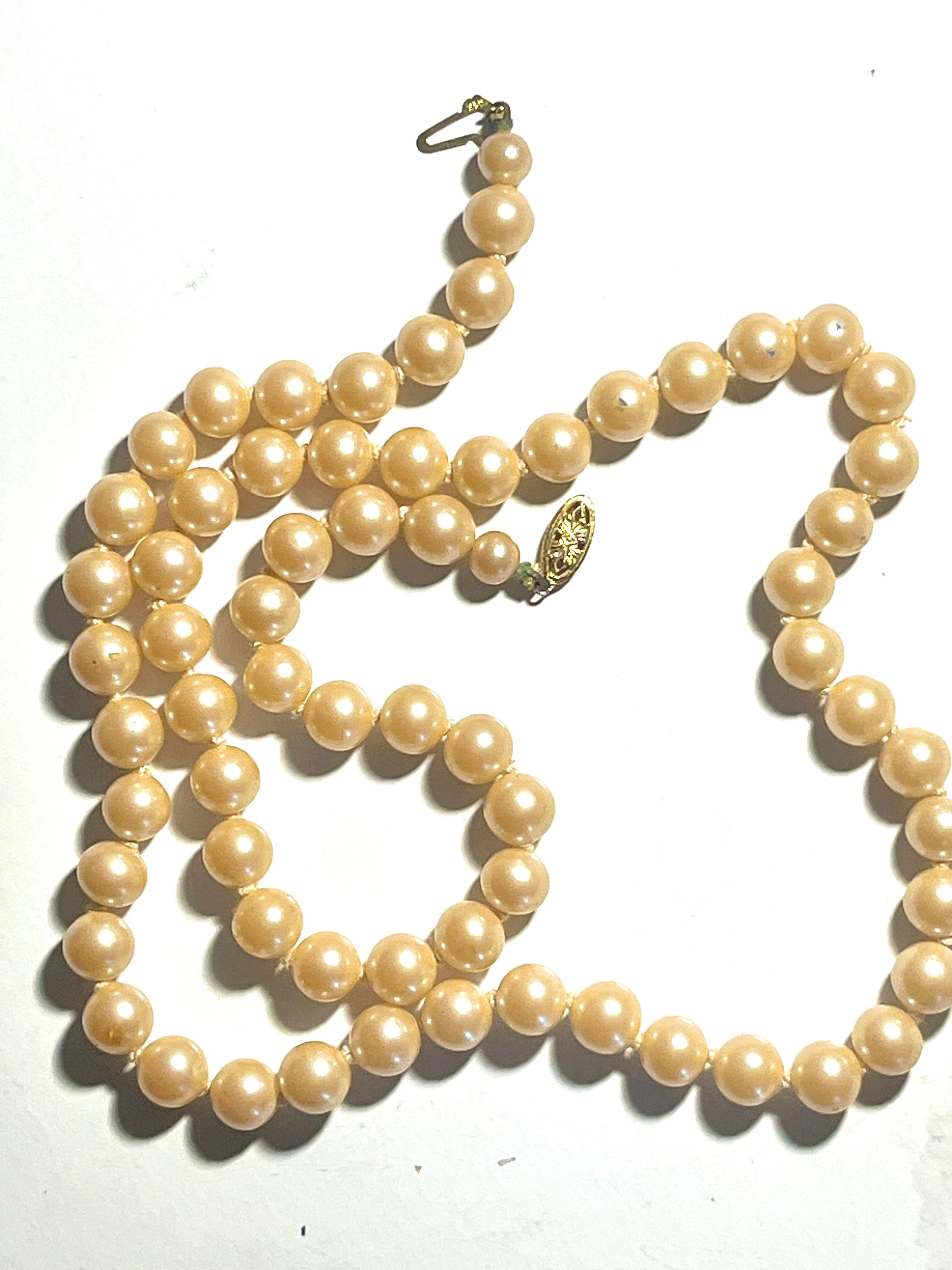 Vintage Faux Pearl Necklace 14K Gold Clasp Cream Strand Mid Century Classic Jewelry
