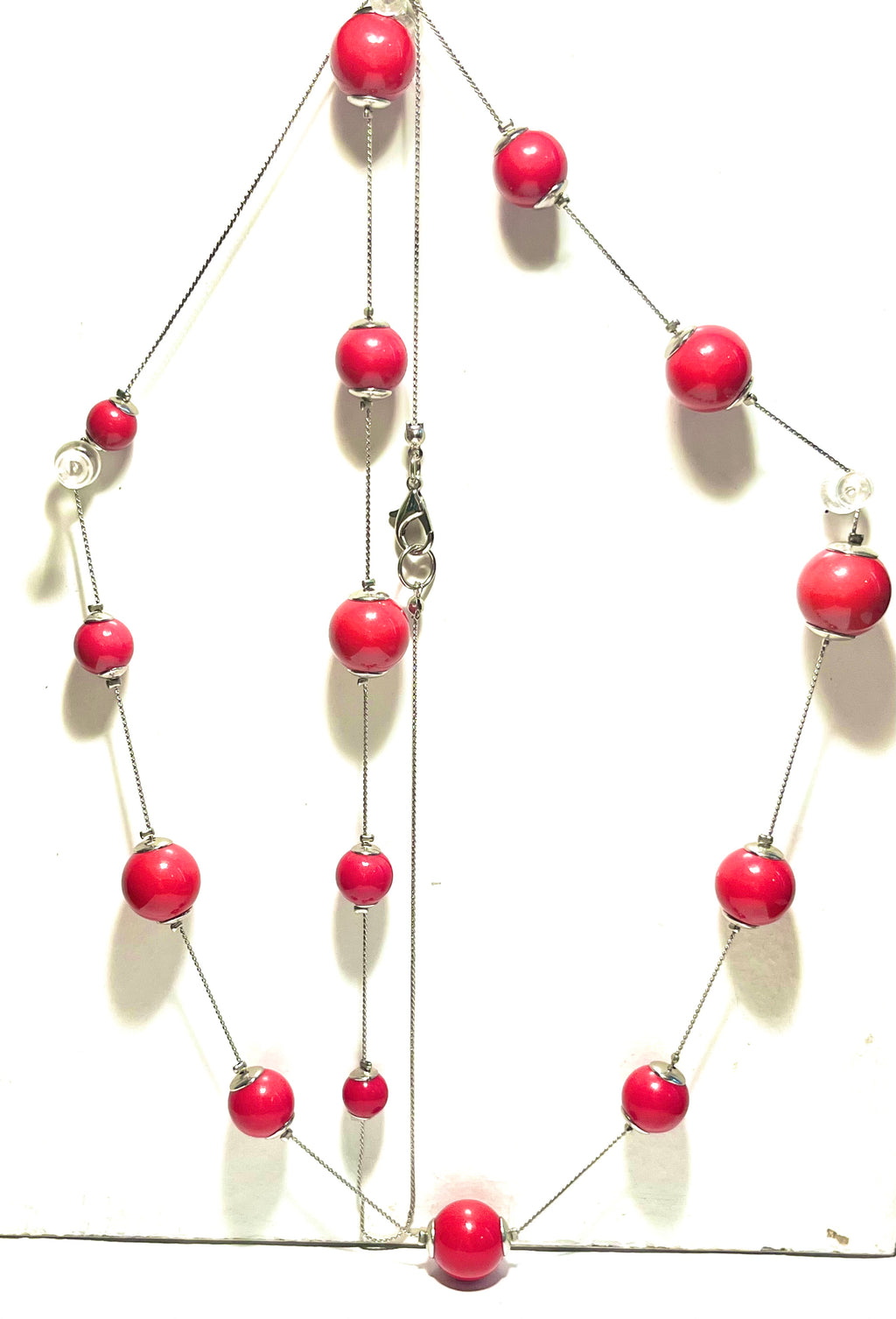 Vintage Red Bead Station Necklace – Silver Tone Chain – Retro Statement Jewelry