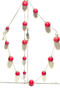 Vintage Red Bead Station Necklace – Silver Tone Chain – Retro Statement Jewelry
