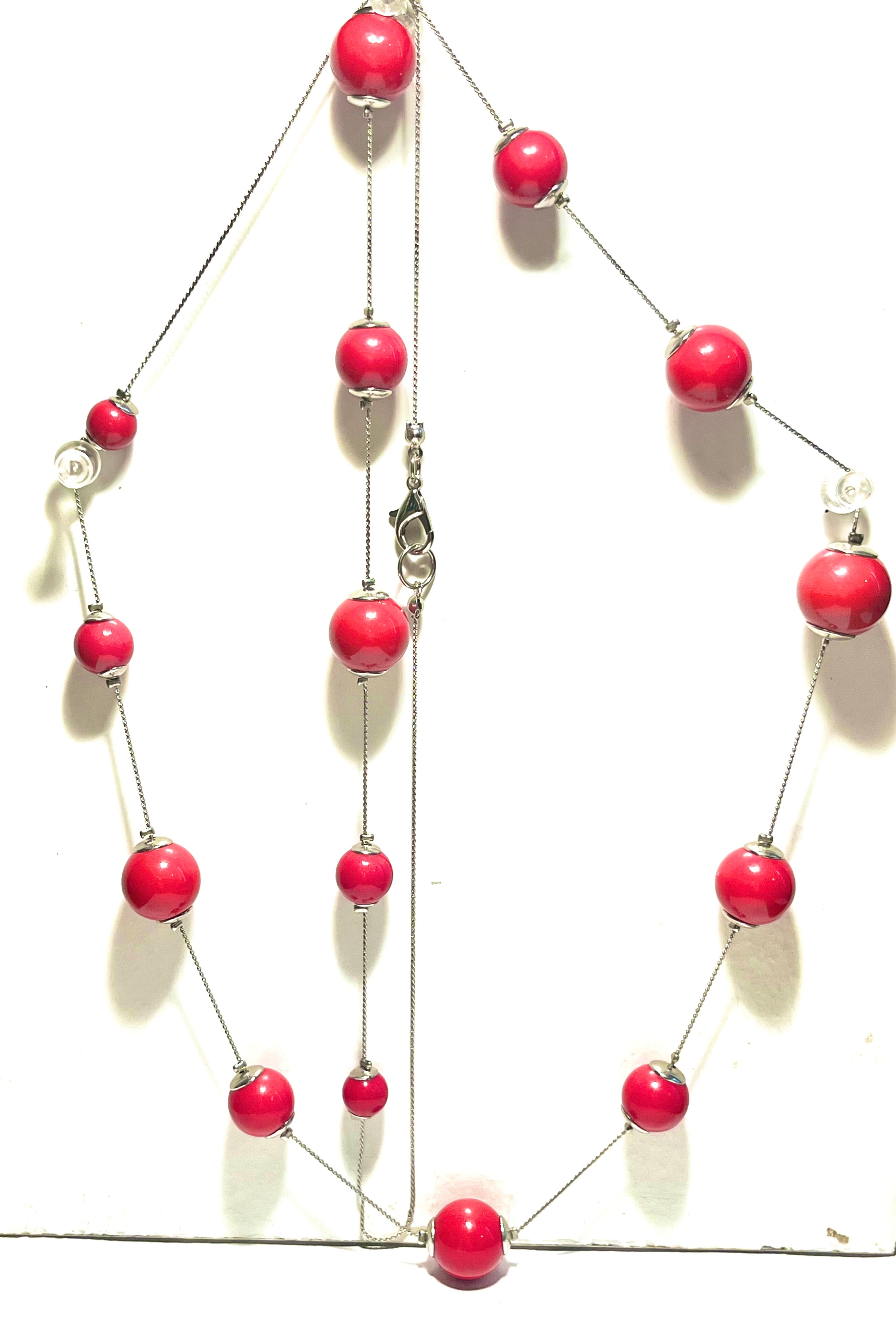 Vintage Red Bead Station Necklace – Silver Tone Chain – Retro Statement Jewelry