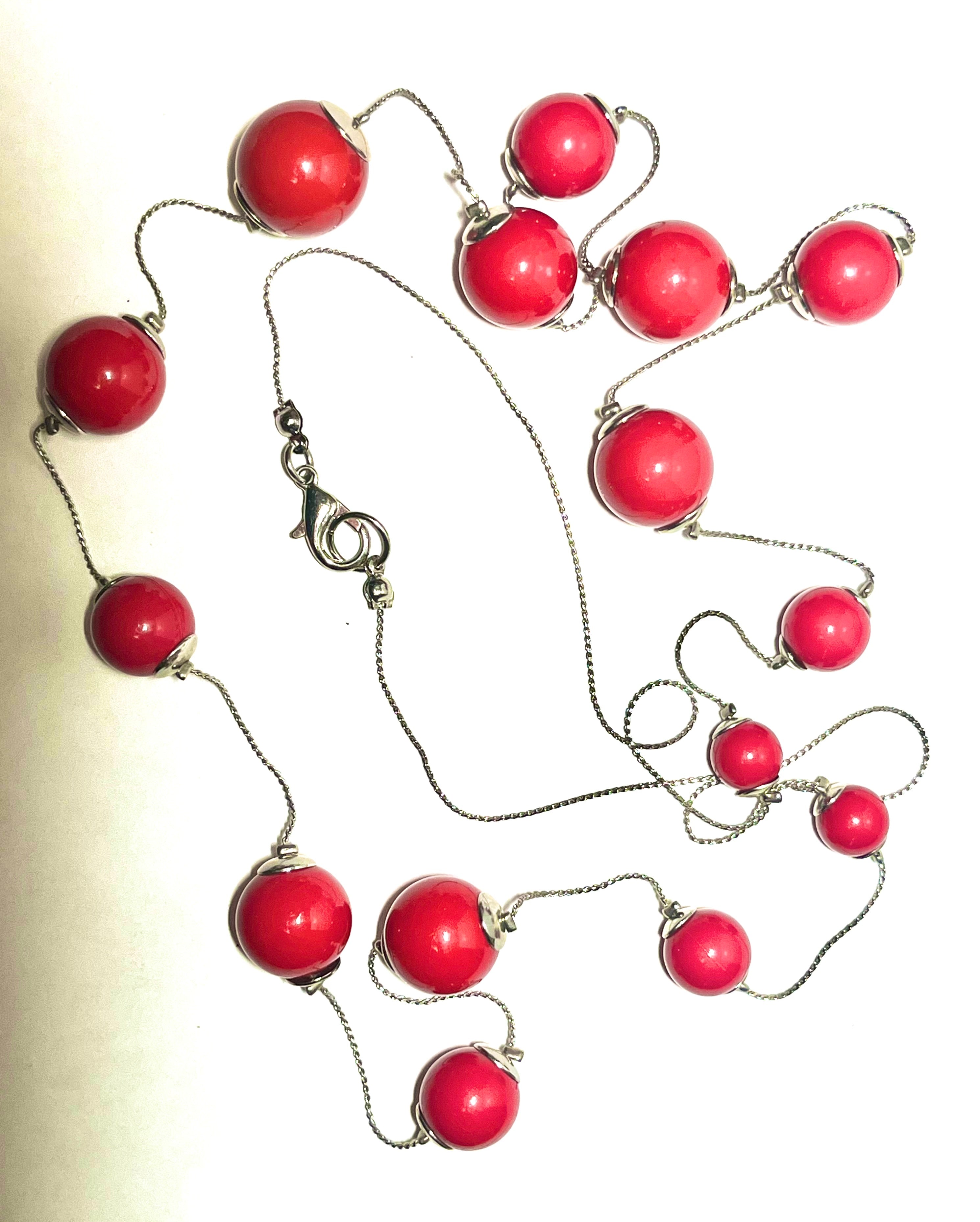 Vintage Red Bead Station Necklace – Silver Tone Chain – Retro Statement Jewelry