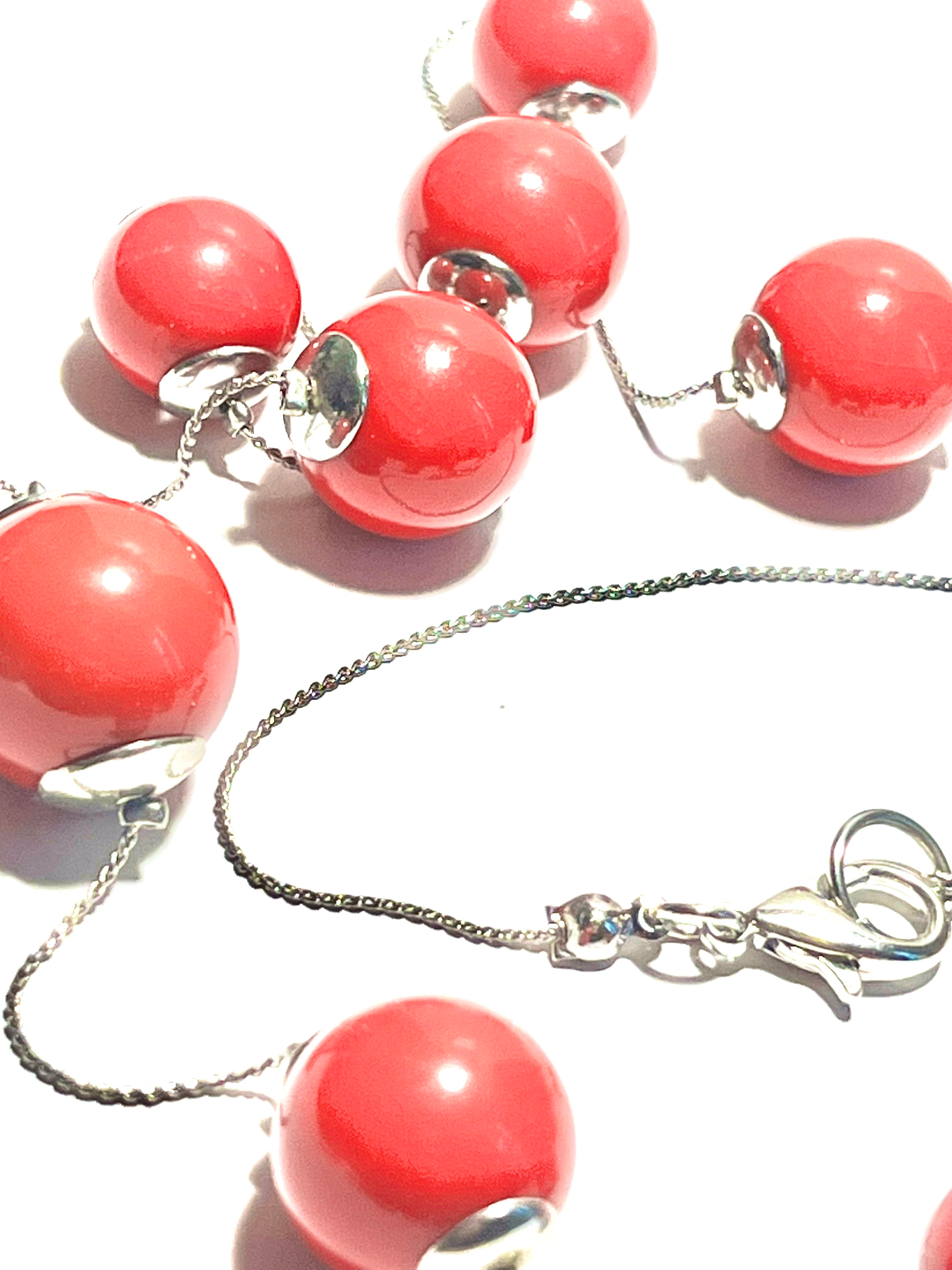 Vintage Red Bead Station Necklace – Silver Tone Chain – Retro Statement Jewelry