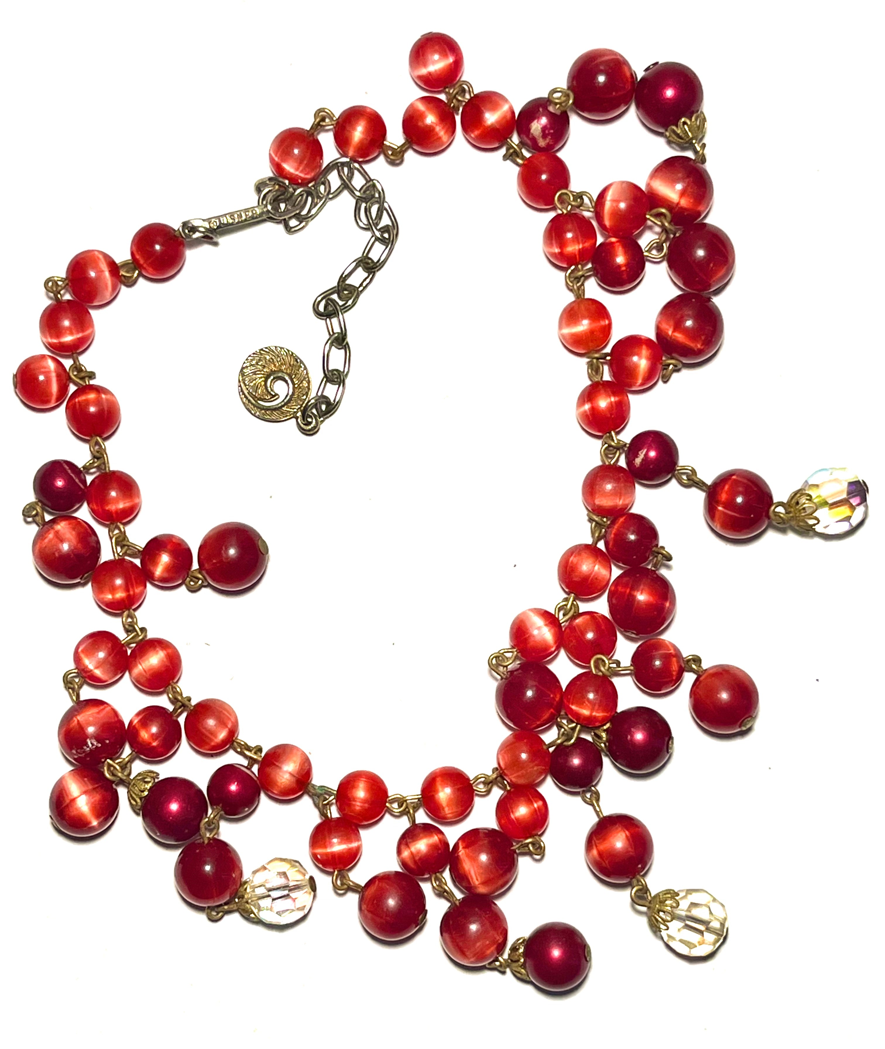 Vintage Lisner Red Beaded Fringe Necklace Mid Century Statement Bib Dangle