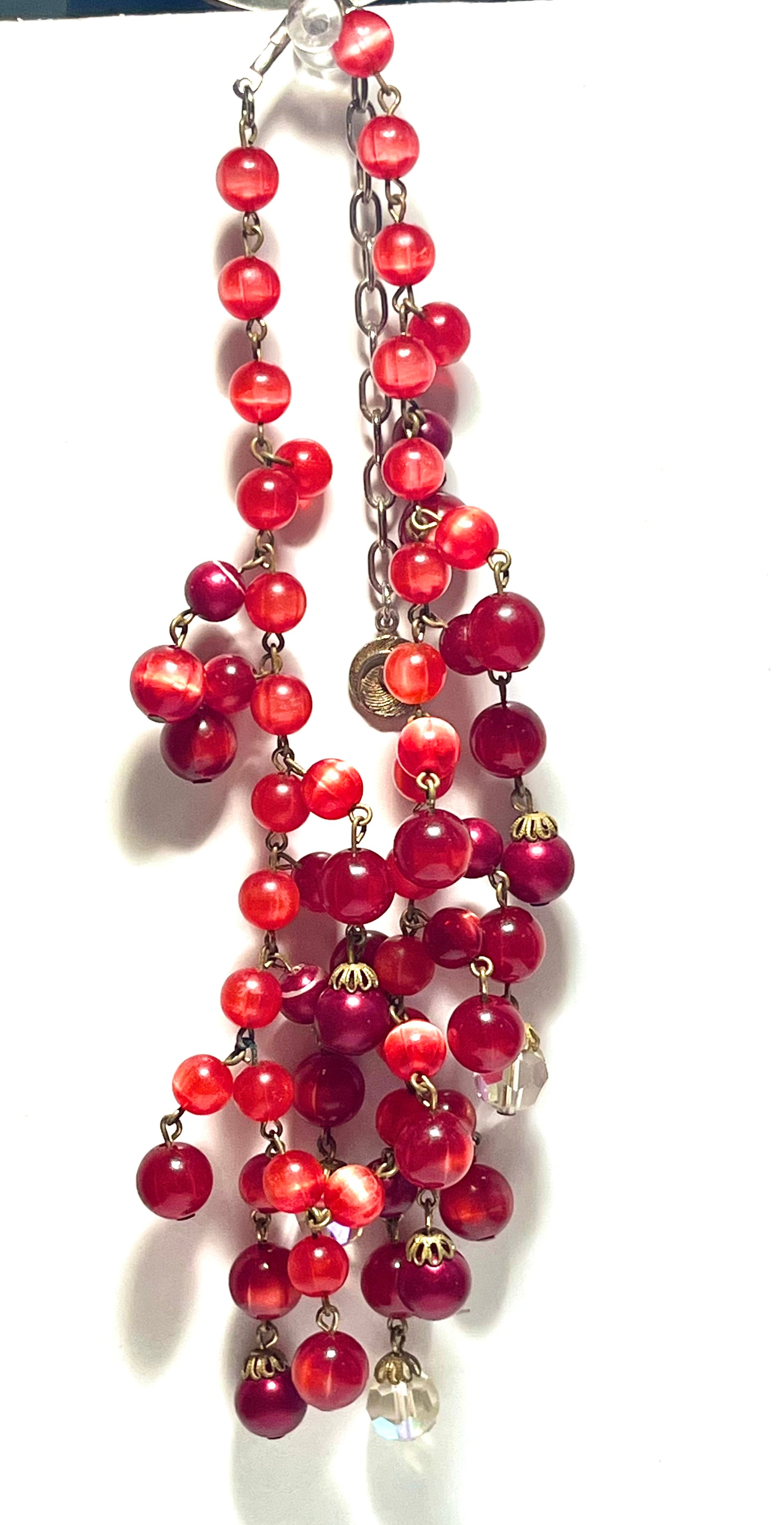 Vintage Lisner Red Beaded Fringe Necklace Mid Century Statement Bib Dangle