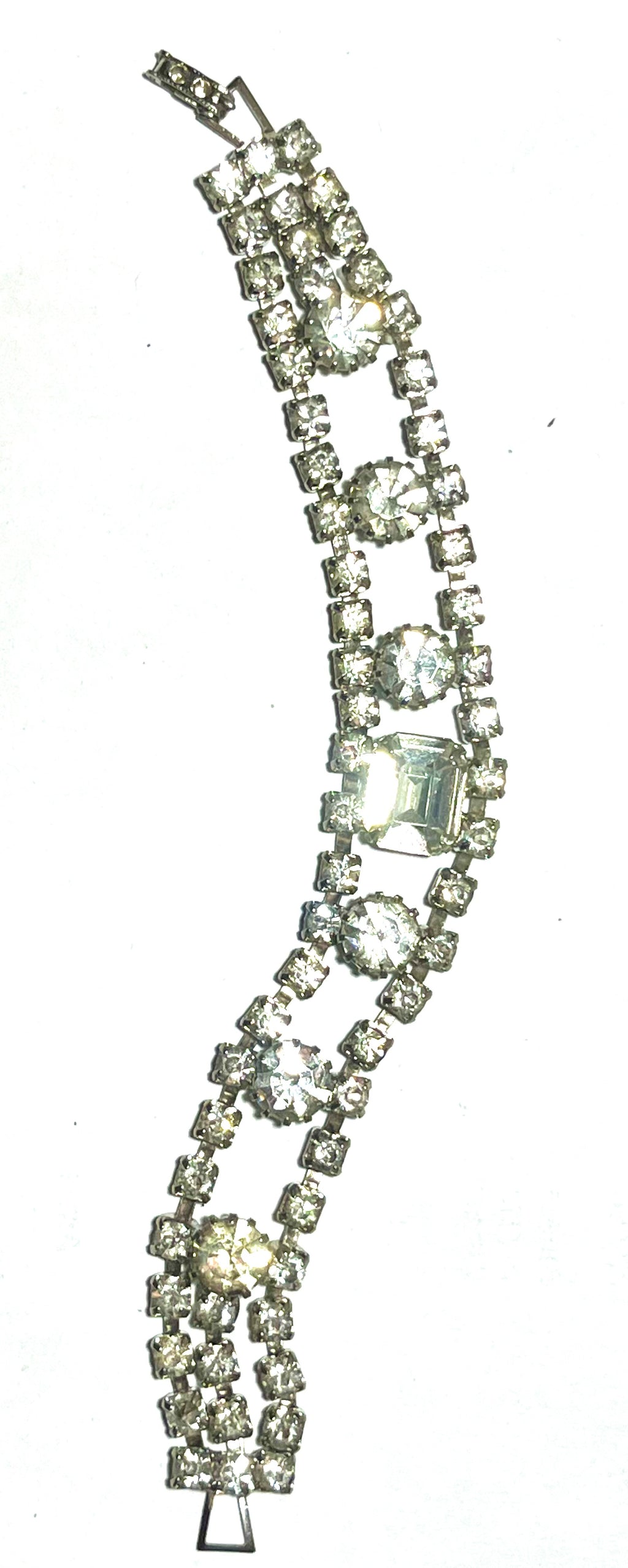 Vintage Rhinestone Bracelet Silver Tone Double Strand Statement Wedding Prom Jewelry