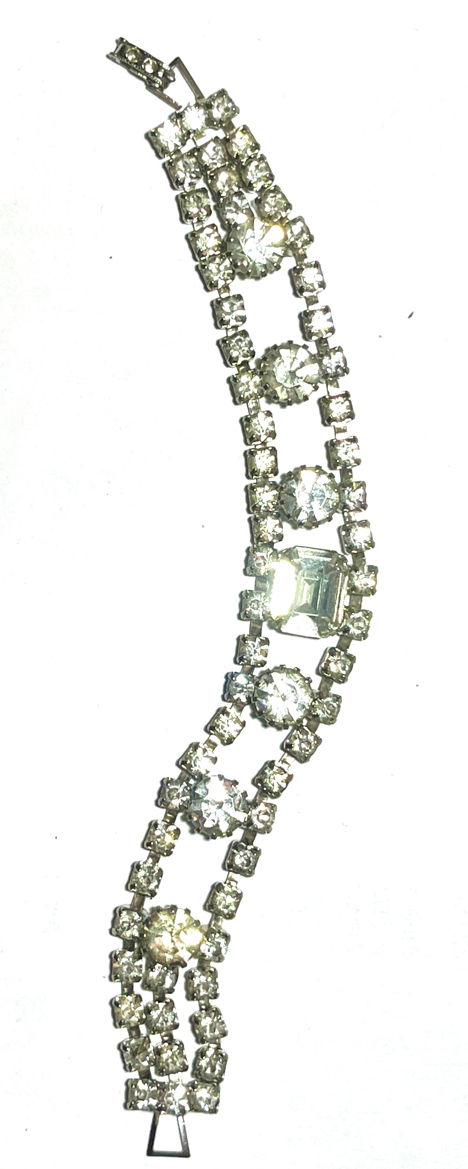 Vintage Rhinestone Bracelet Silver Tone Double Strand Statement Wedding Prom Jewelry