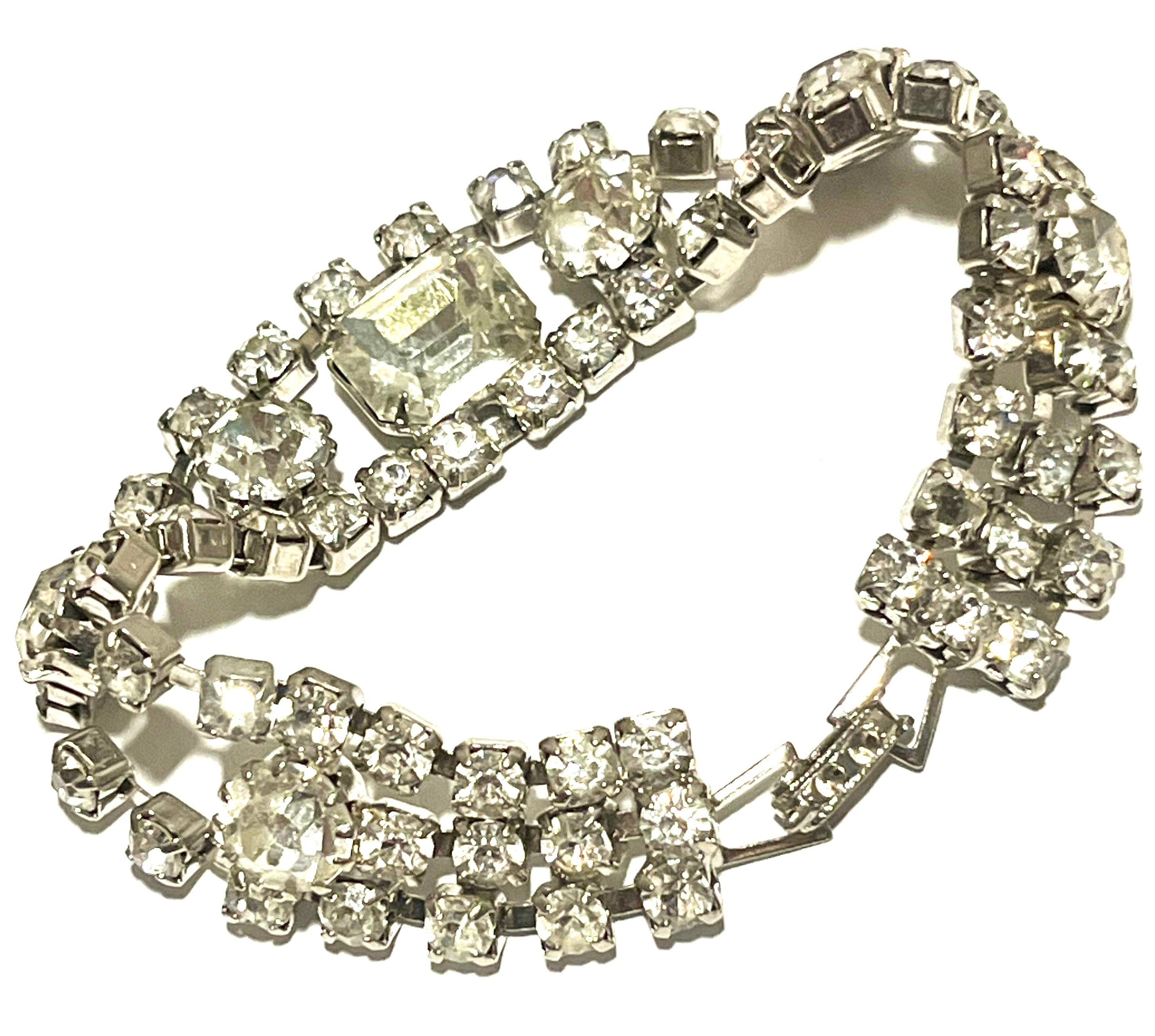 Vintage Rhinestone Bracelet Silver Tone Double Strand Statement Wedding Prom Jewelry