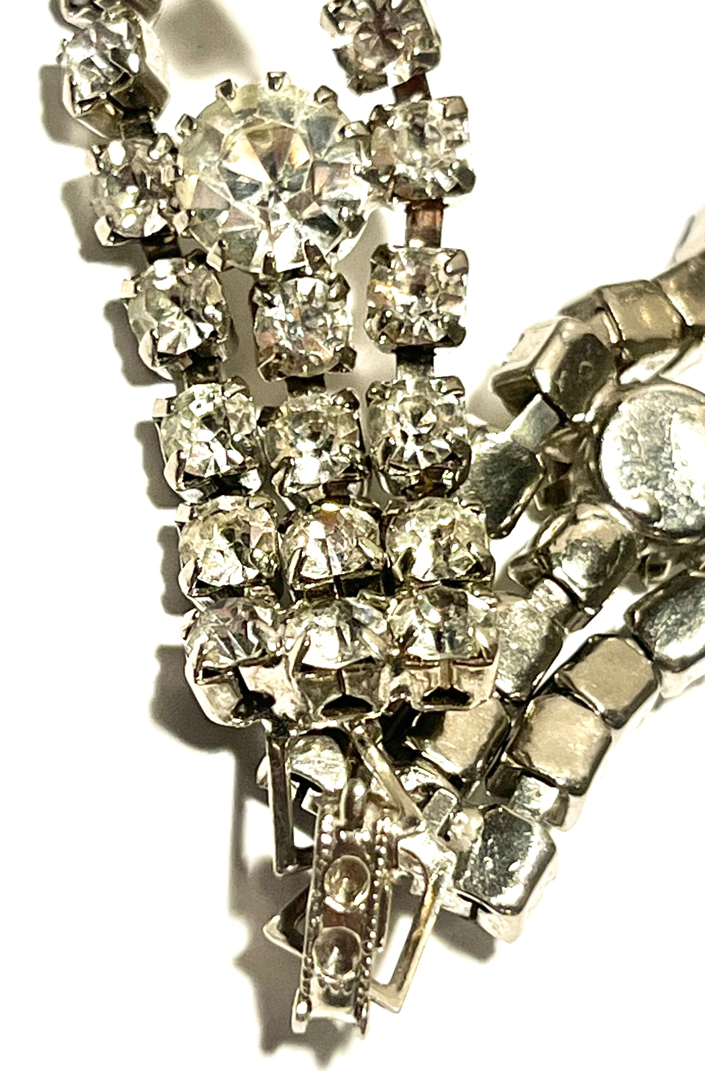 Vintage Rhinestone Bracelet Silver Tone Double Strand Statement Wedding Prom Jewelry