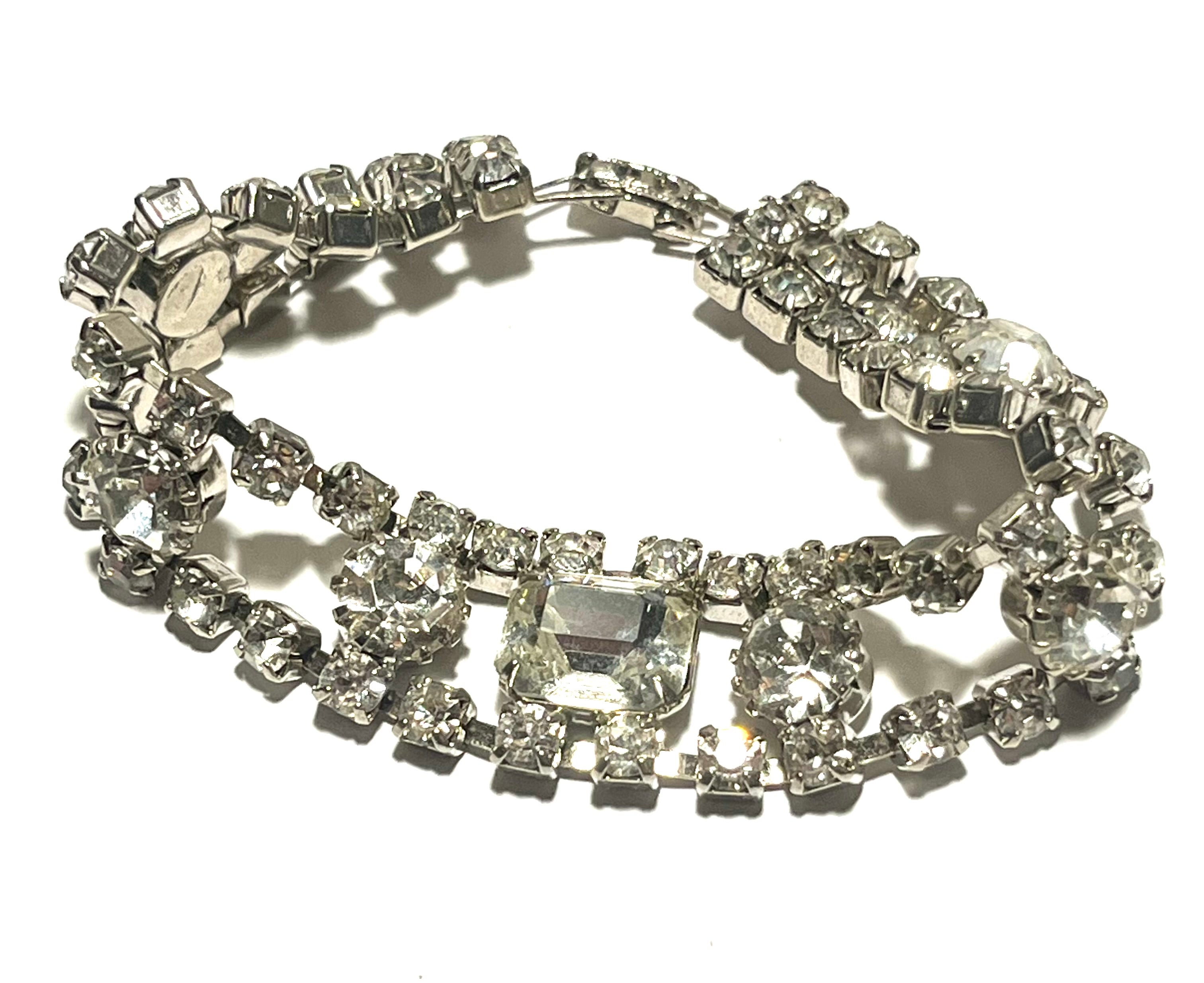 Vintage Rhinestone Bracelet Silver Tone Double Strand Statement Wedding Prom Jewelry