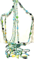 Vintage Multi-Strand Beaded Necklace – Green Blue Yellow Glass Seed Beads – Statement Fringe Tassel Necklace
