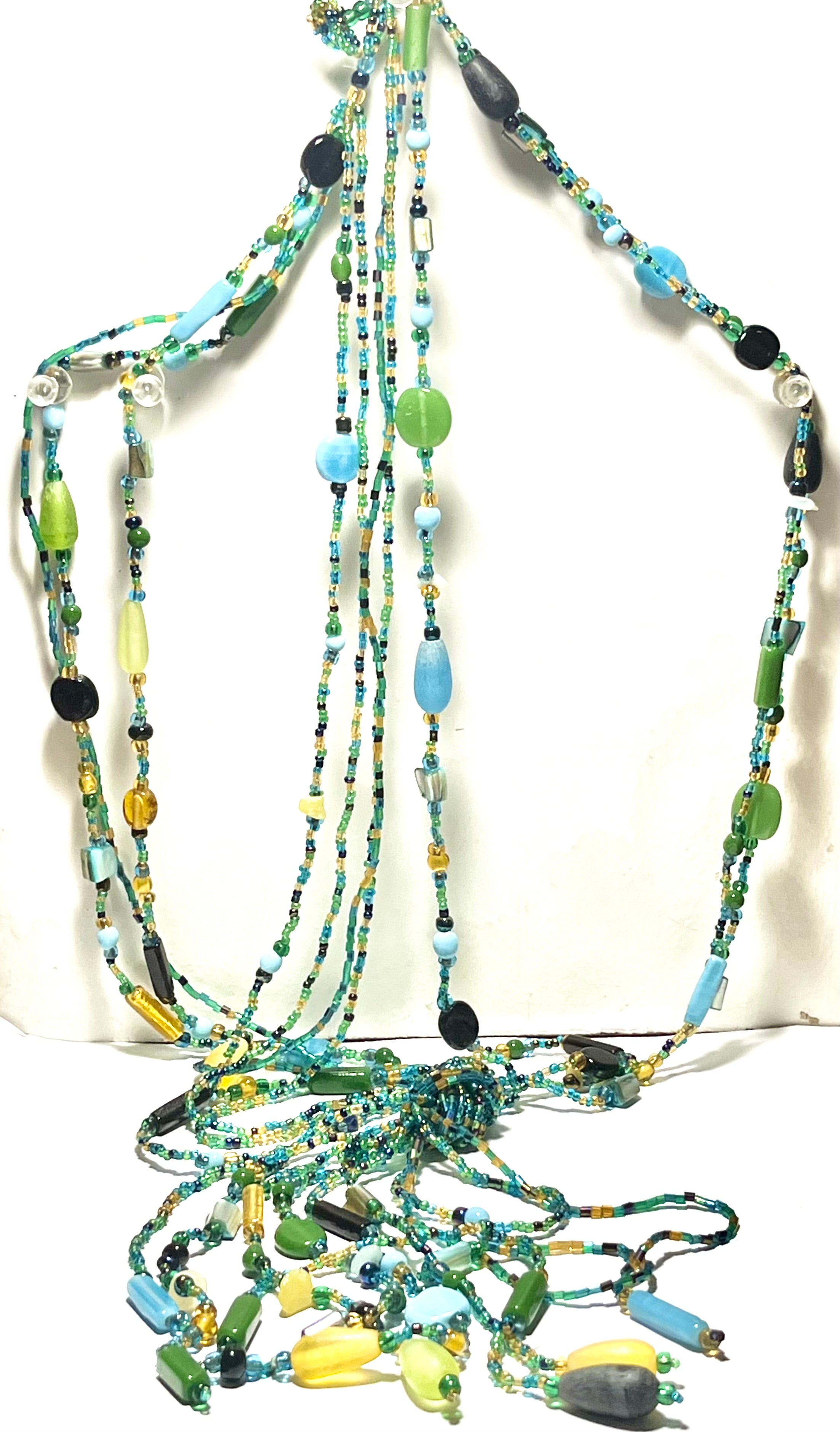 Vintage Multi-Strand Beaded Necklace – Green Blue Yellow Glass Seed Beads – Statement Fringe Tassel Necklace