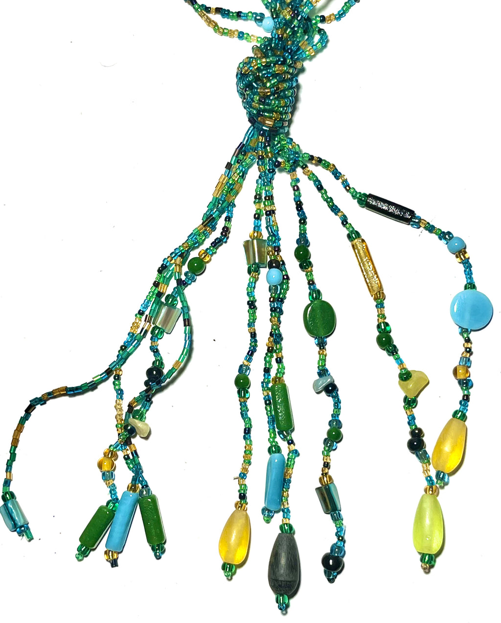 Vintage Multi-Strand Beaded Necklace – Green Blue Yellow Glass Seed Beads – Statement Fringe Tassel Necklace
