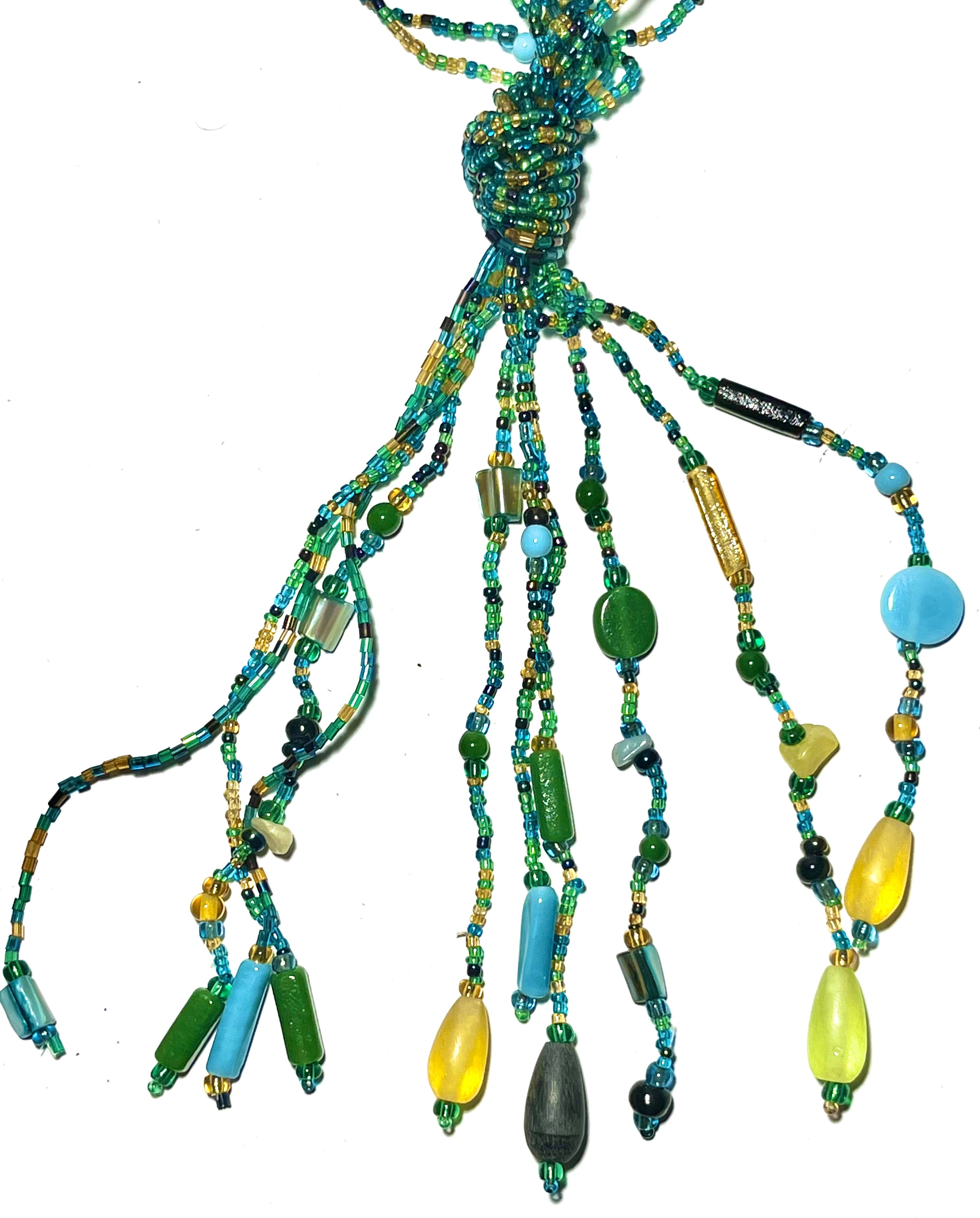 Vintage Multi-Strand Beaded Necklace – Green Blue Yellow Glass Seed Beads – Statement Fringe Tassel Necklace