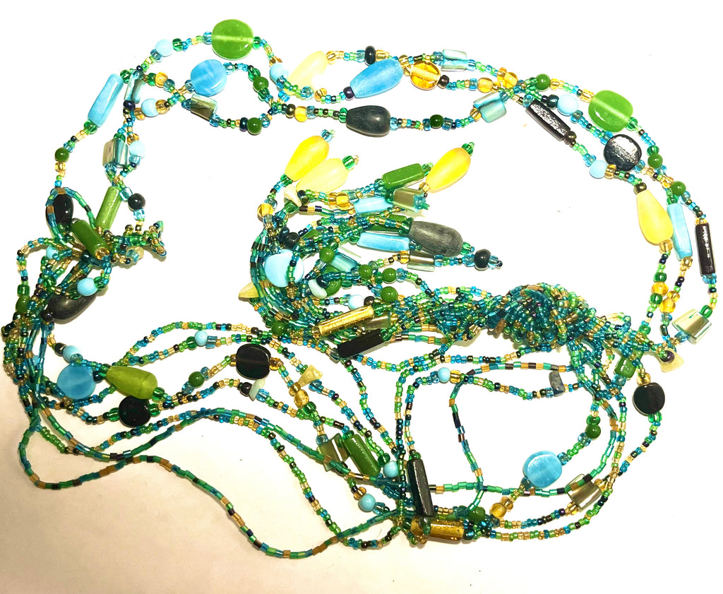 Vintage Multi-Strand Beaded Necklace – Green Blue Yellow Glass Seed Beads – Statement Fringe Tassel Necklace