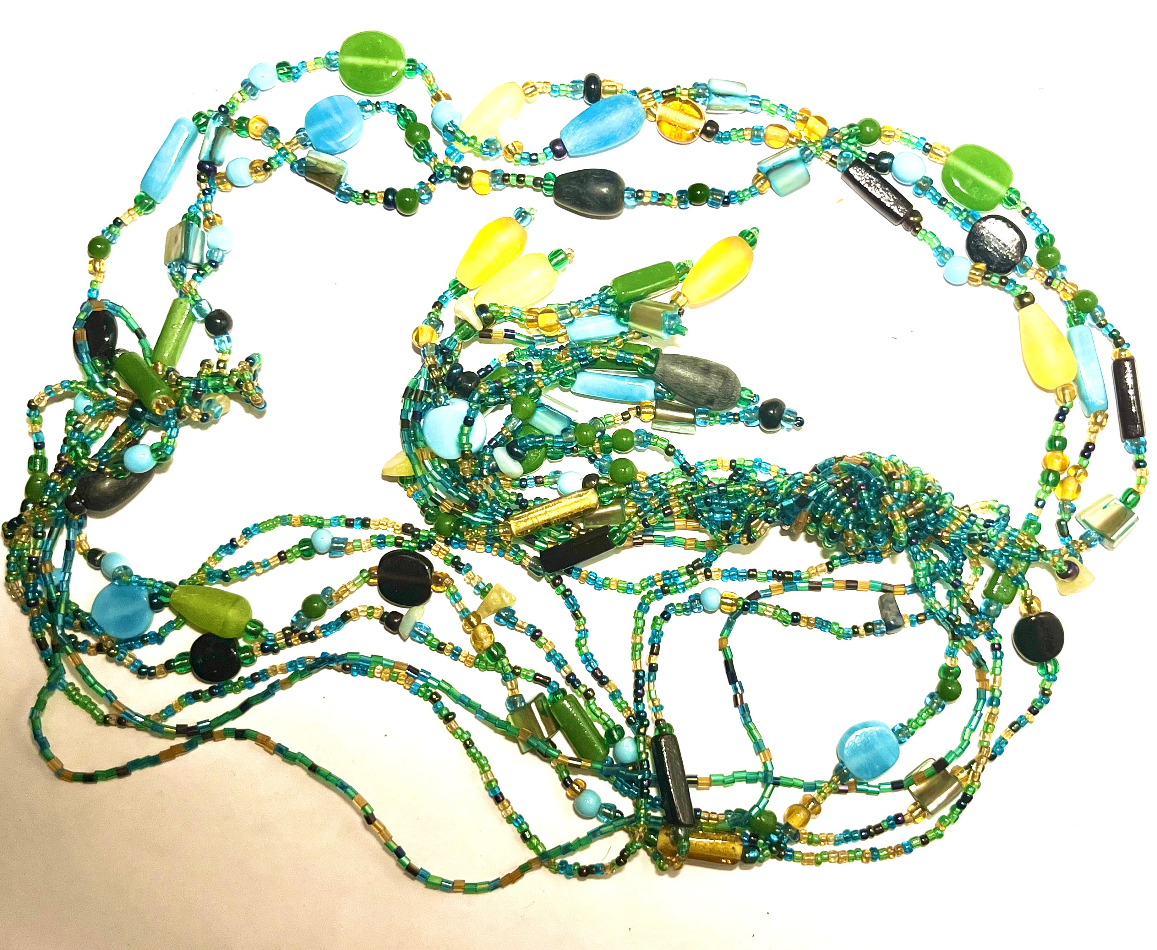 Vintage Multi-Strand Beaded Necklace – Green Blue Yellow Glass Seed Beads – Statement Fringe Tassel Necklace