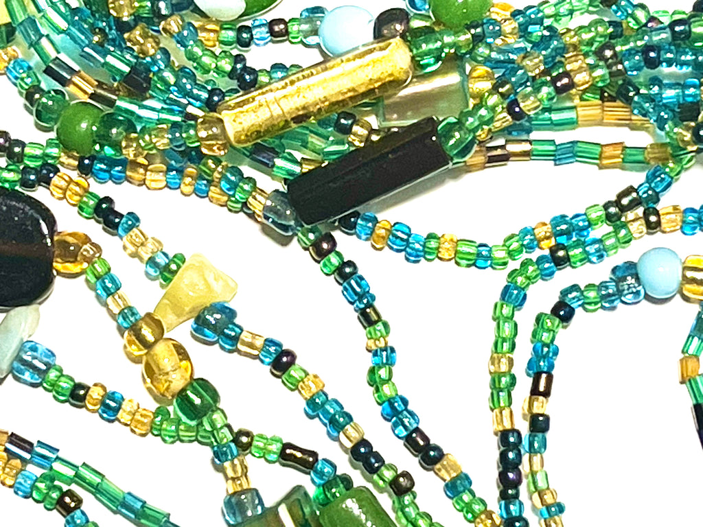 Vintage Multi-Strand Beaded Necklace – Green Blue Yellow Glass Seed Beads – Statement Fringe Tassel Necklace