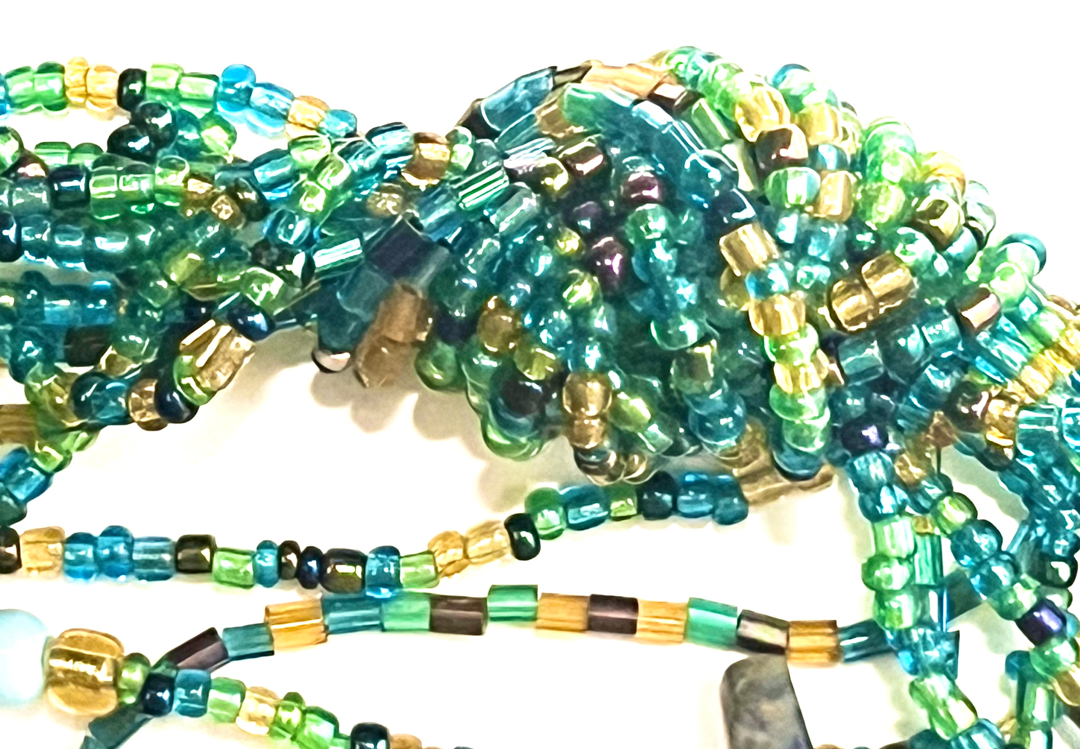 Vintage Multi-Strand Beaded Necklace – Green Blue Yellow Glass Seed Beads – Statement Fringe Tassel Necklace