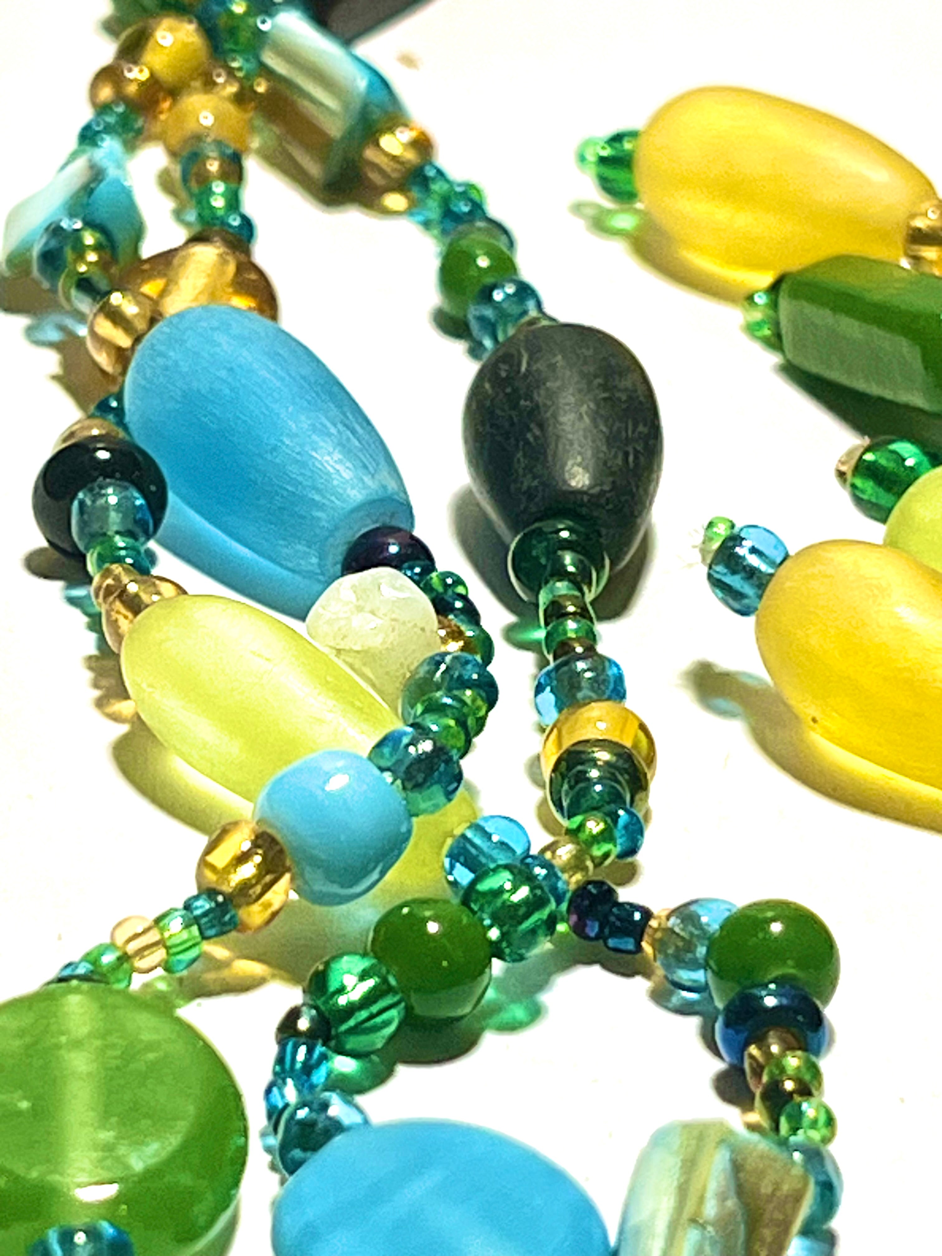 Vintage Multi-Strand Beaded Necklace – Green Blue Yellow Glass Seed Beads – Statement Fringe Tassel Necklace