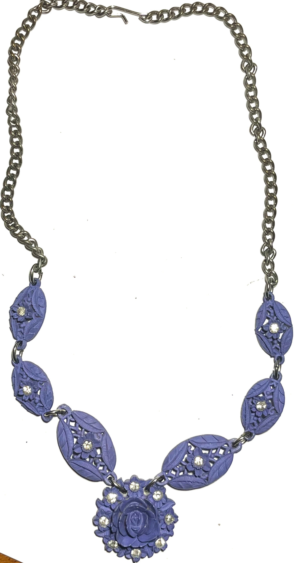 Vintage Purple Floral Statement Necklace – Carved Lucite Style w/ Rhinestones