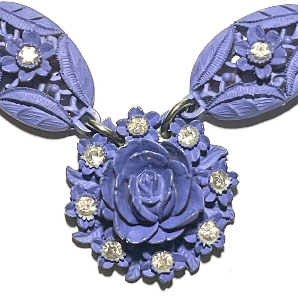 Vintage Purple Floral Statement Necklace – Carved Lucite Style w/ Rhinestones