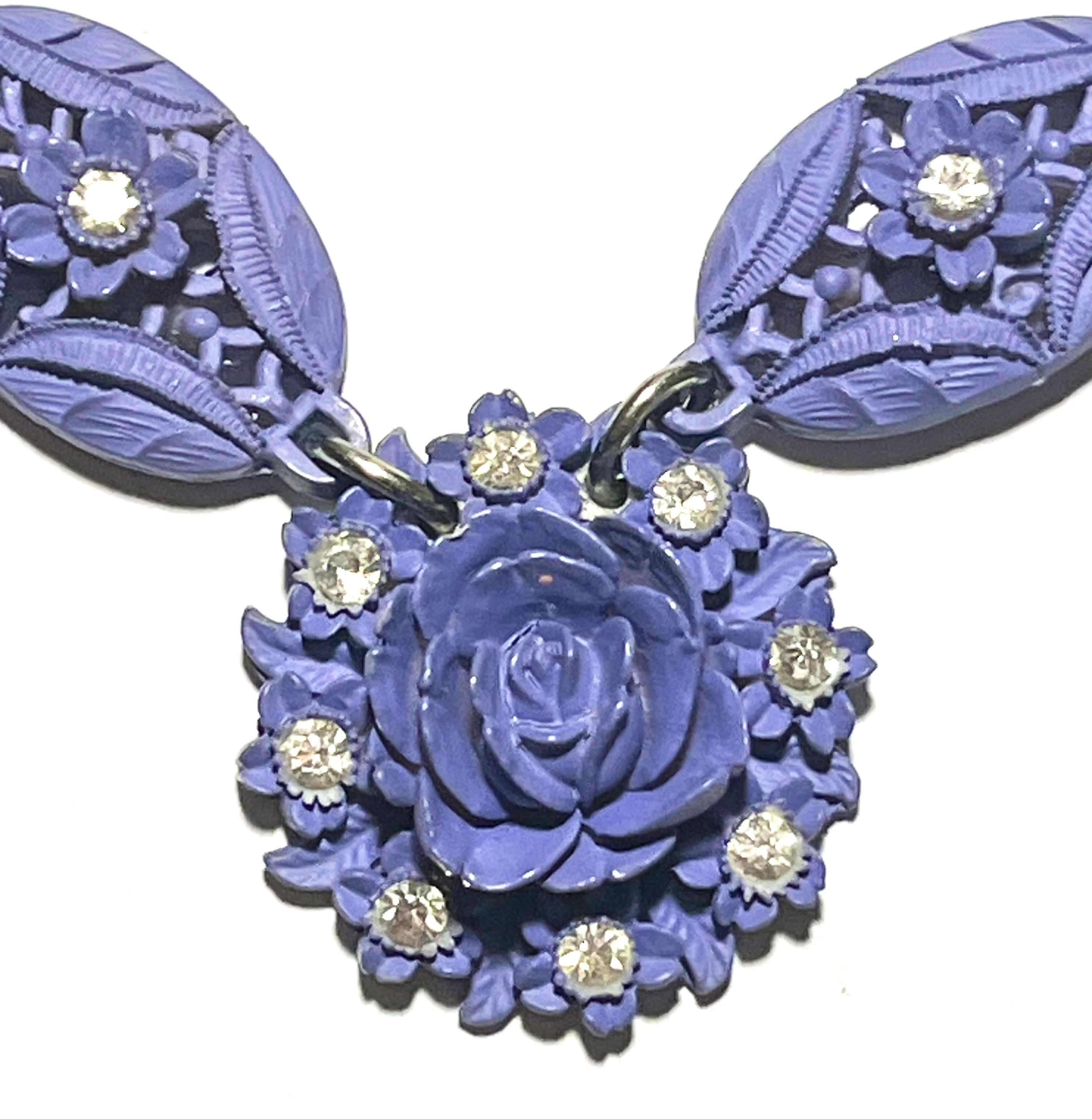 Vintage Purple Floral Statement Necklace – Carved Lucite Style w/ Rhinestones