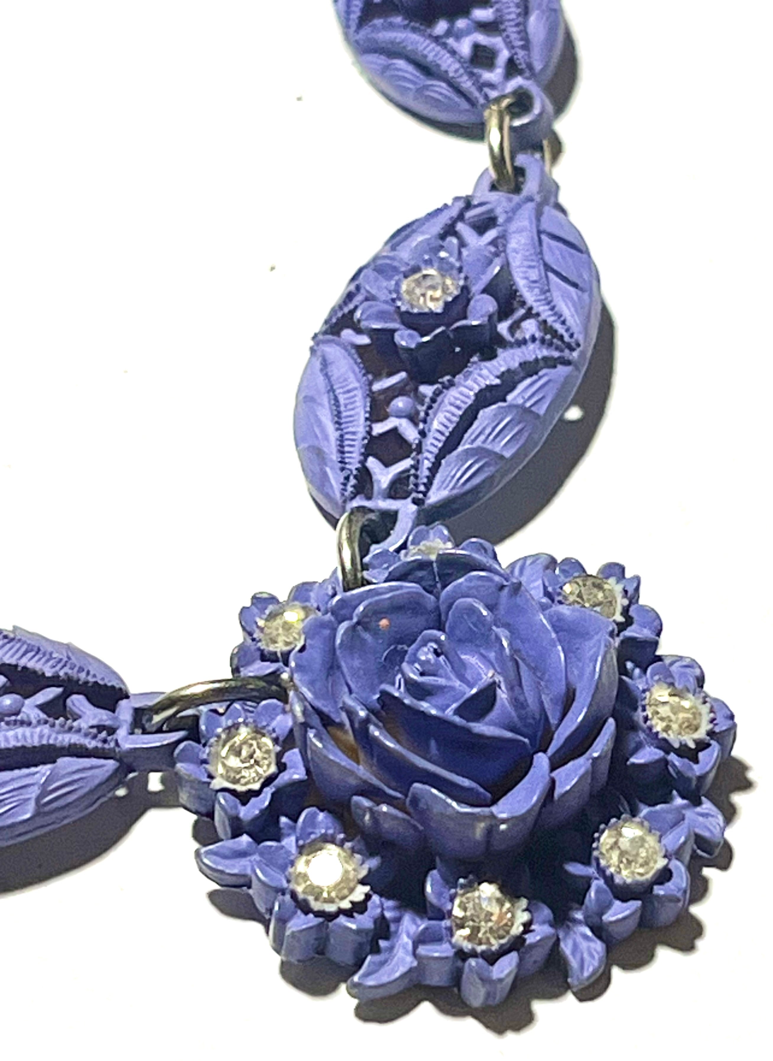 Vintage Purple Floral Statement Necklace – Carved Lucite Style w/ Rhinestones