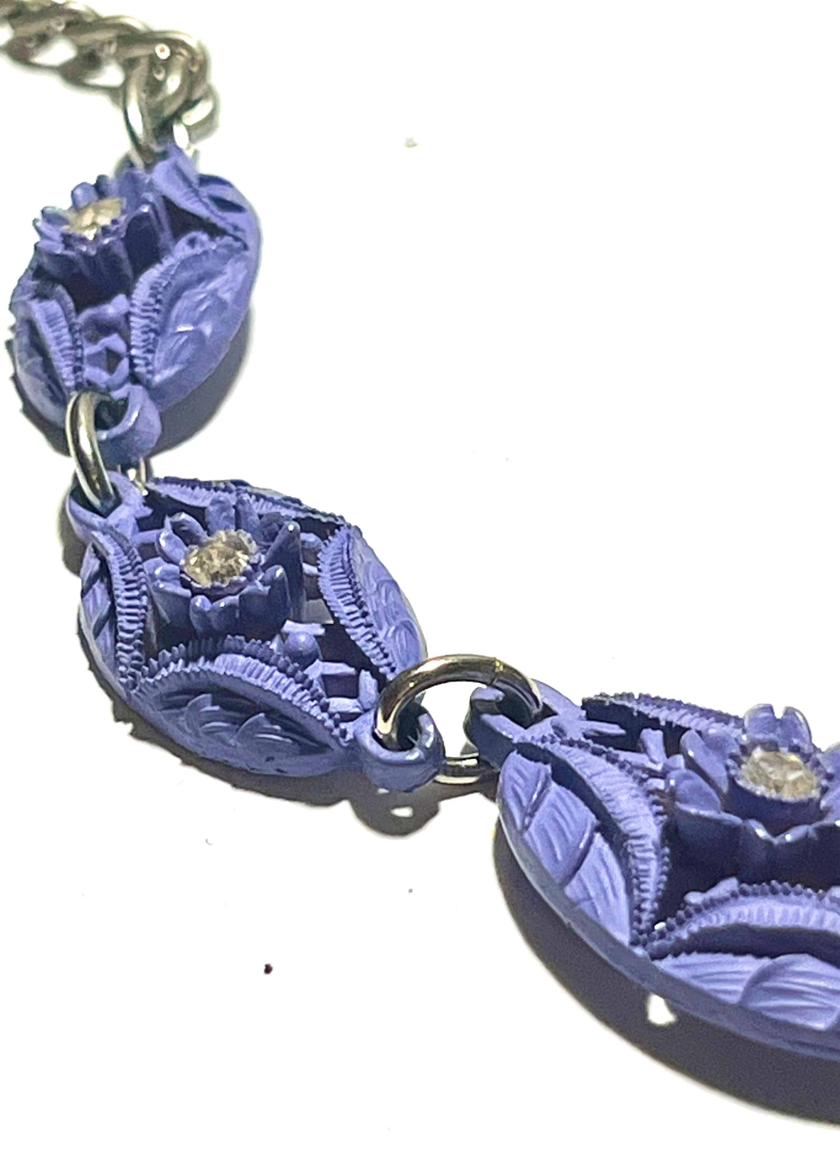 Vintage Purple Floral Statement Necklace – Carved Lucite Style w/ Rhinestones