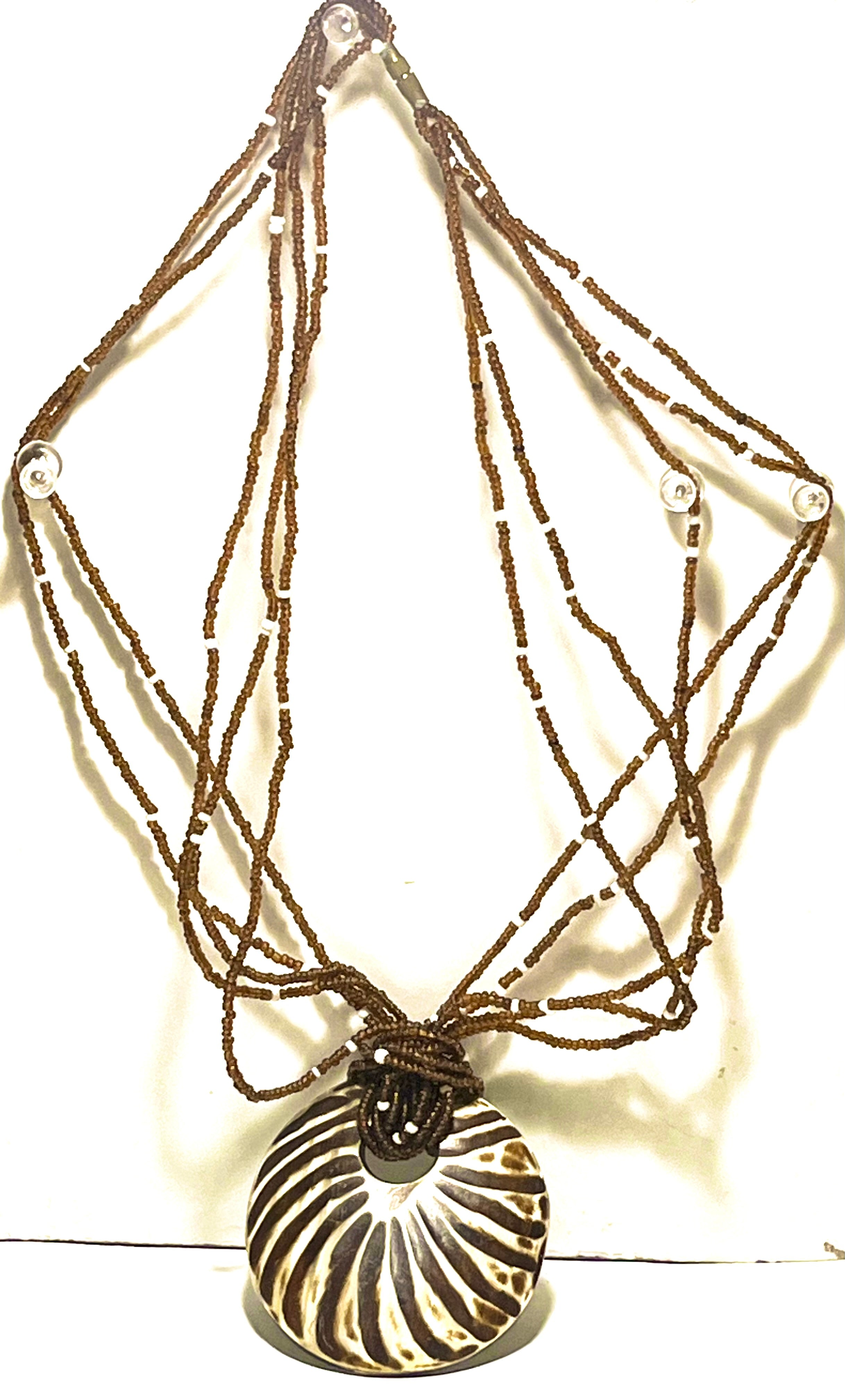 Vintage Multi-Strand Beaded Necklace w/ Carved Shell Pendant (Zebra Pattern)