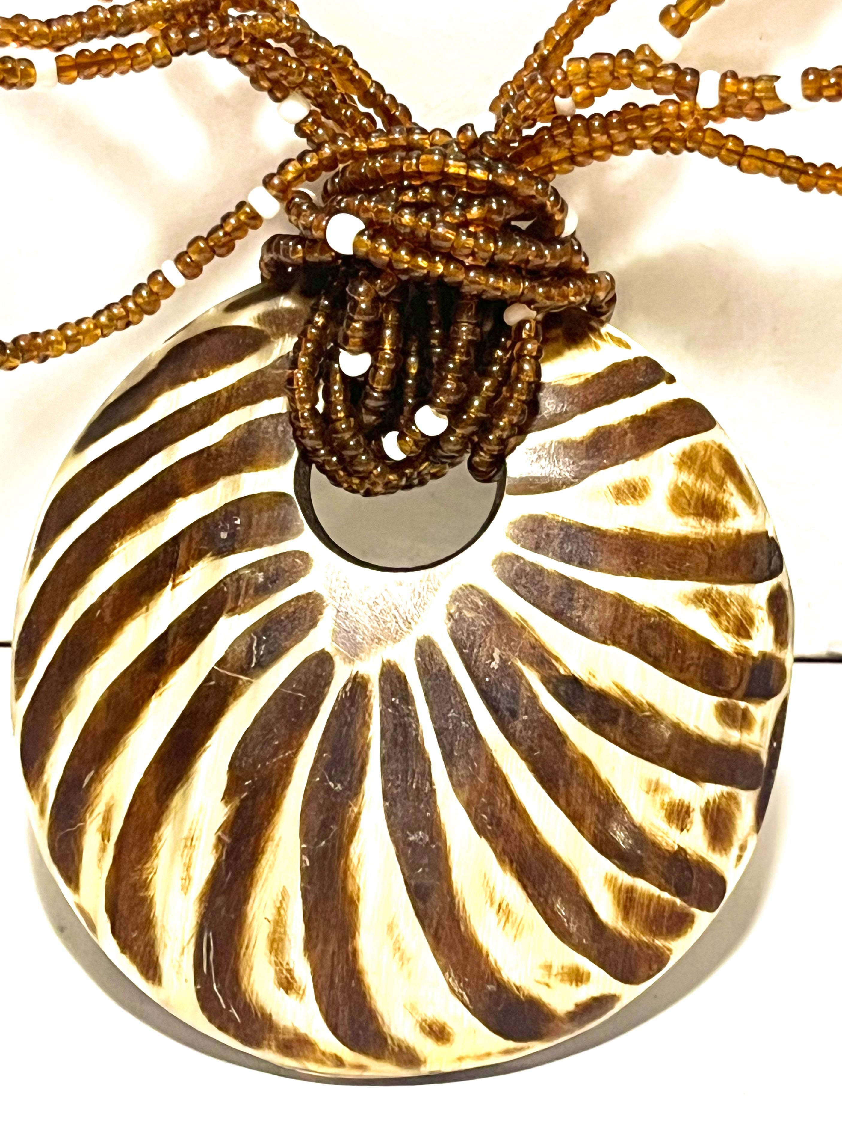 Vintage Multi-Strand Beaded Necklace w/ Carved Shell Pendant (Zebra Pattern)