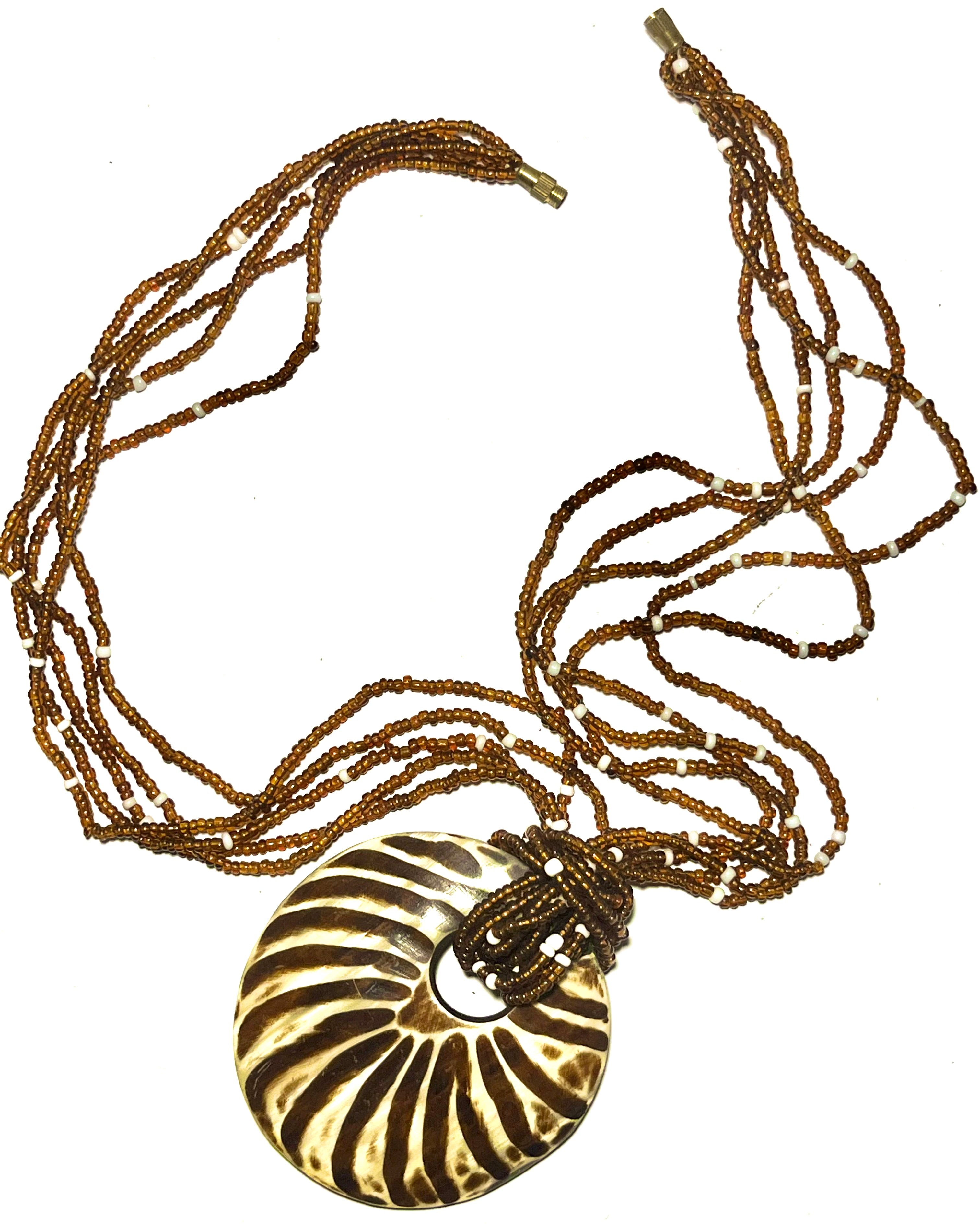 Vintage Multi-Strand Beaded Necklace w/ Carved Shell Pendant (Zebra Pattern)
