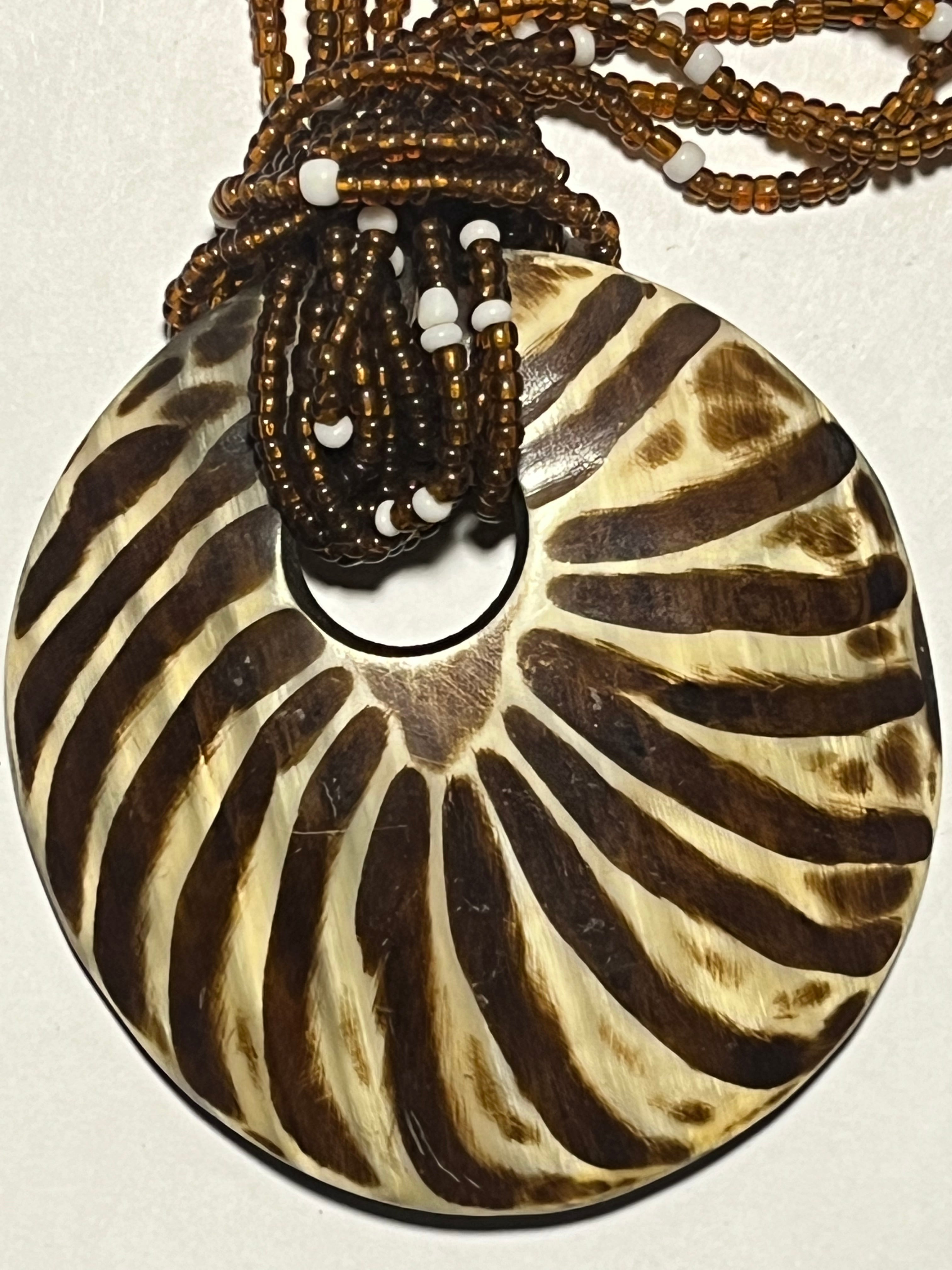 Vintage Multi-Strand Beaded Necklace w/ Carved Shell Pendant (Zebra Pattern)