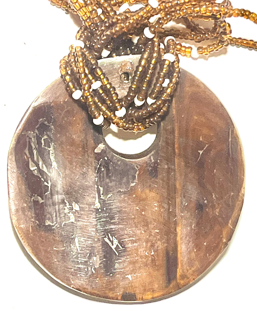 Vintage Multi-Strand Beaded Necklace w/ Carved Shell Pendant (Zebra Pattern)