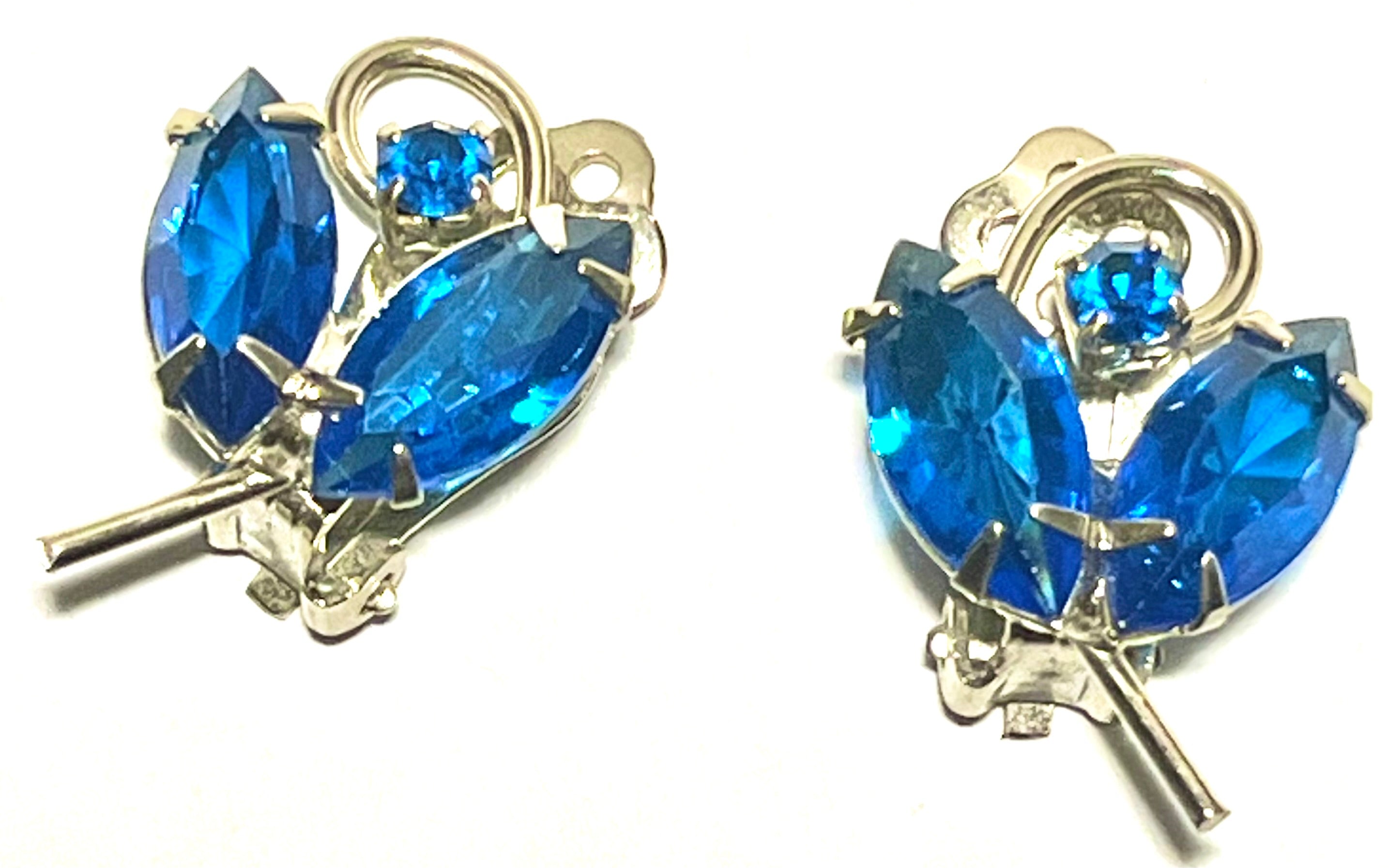 Vintage Blue Rhinestone Clip-On Earrings (Silver Tone)