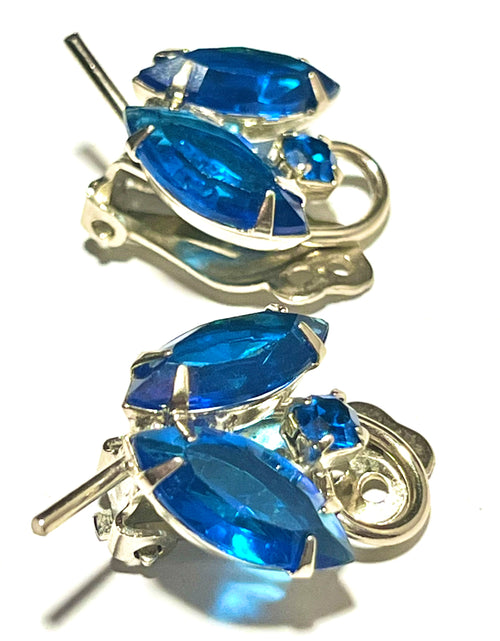 Vintage Blue Rhinestone Clip-On Earrings (Silver Tone)