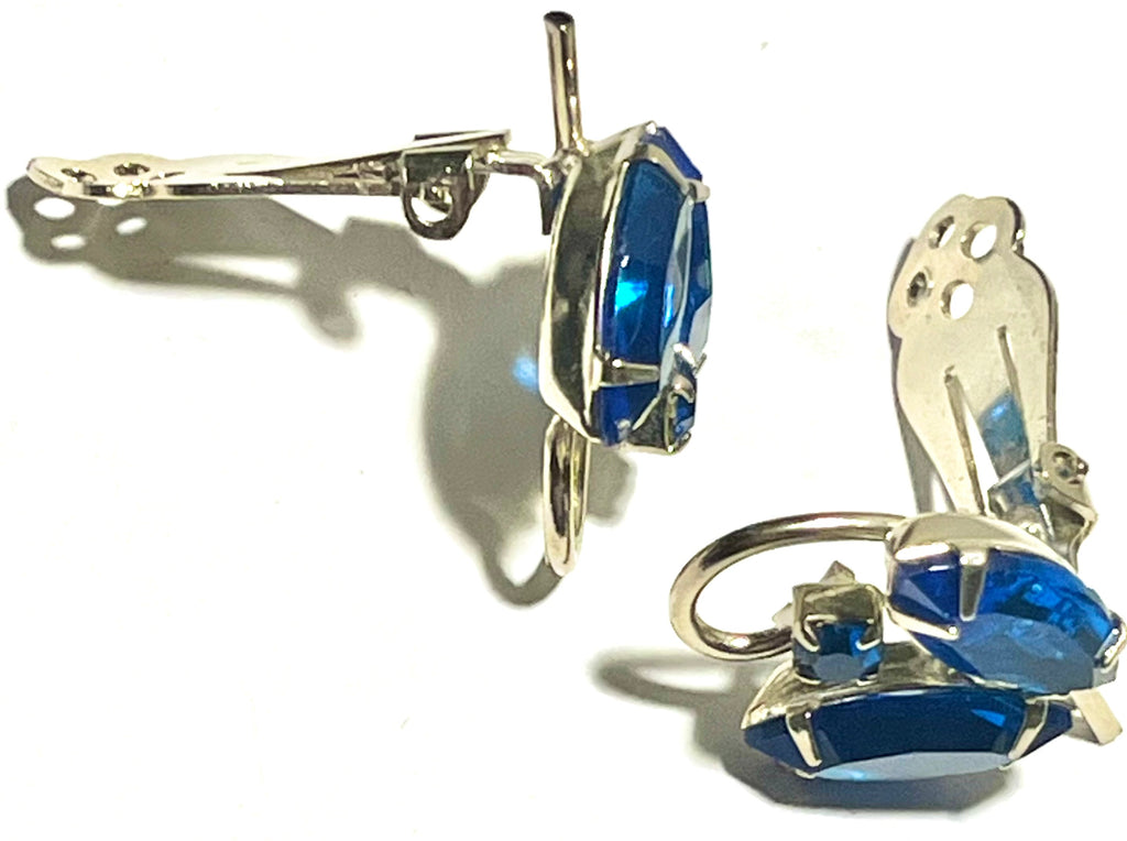 Vintage Blue Rhinestone Clip-On Earrings (Silver Tone)