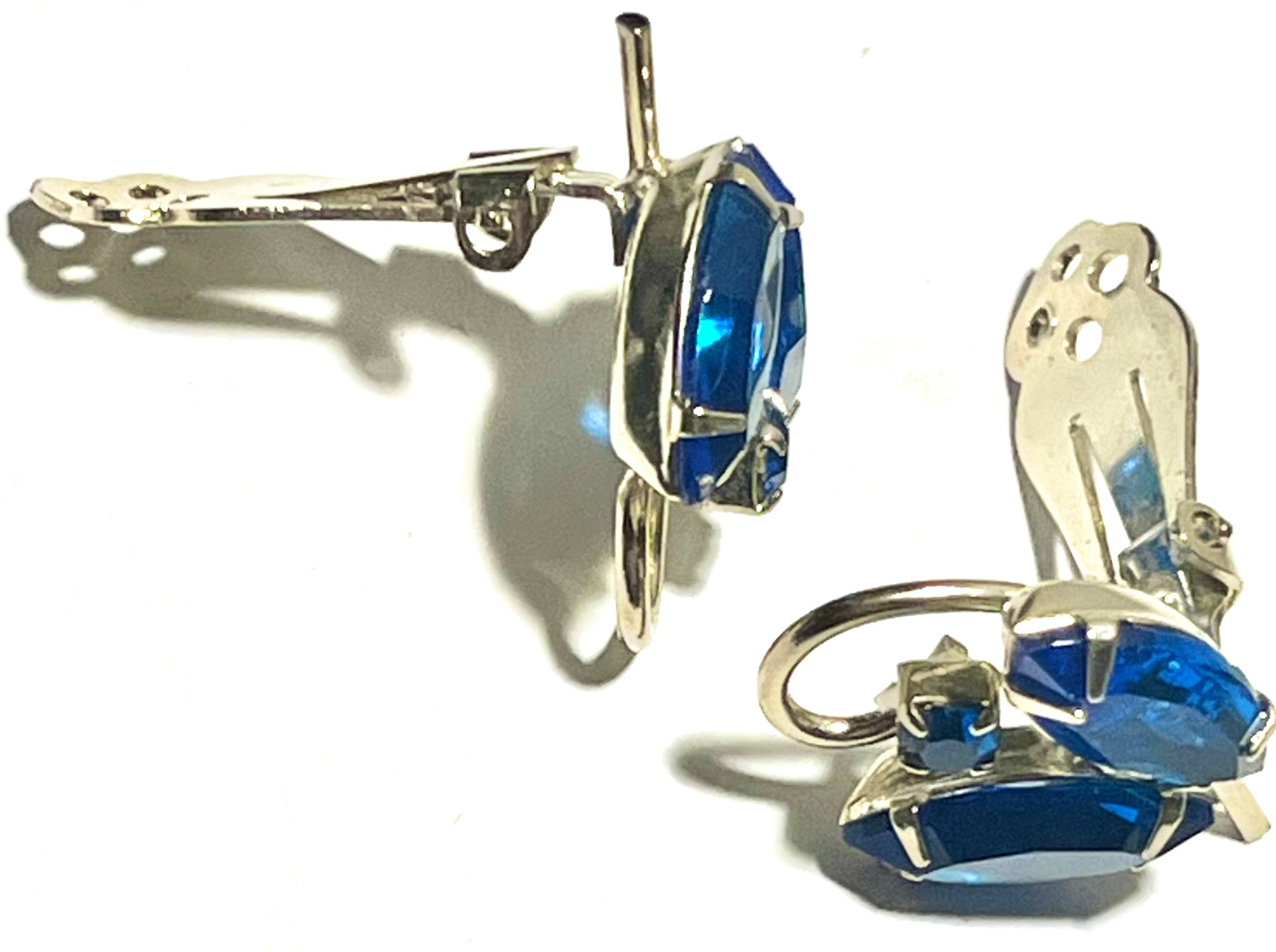 Vintage Blue Rhinestone Clip-On Earrings (Silver Tone)